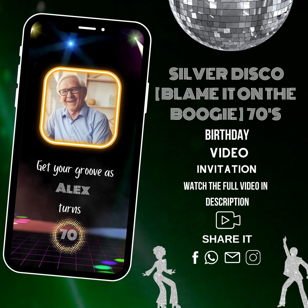 70&#39;s Silver Disco Birthday Video Invitation - Silver Disco Blame It On The Boogie 70&#39;s Disco Theme Invite
