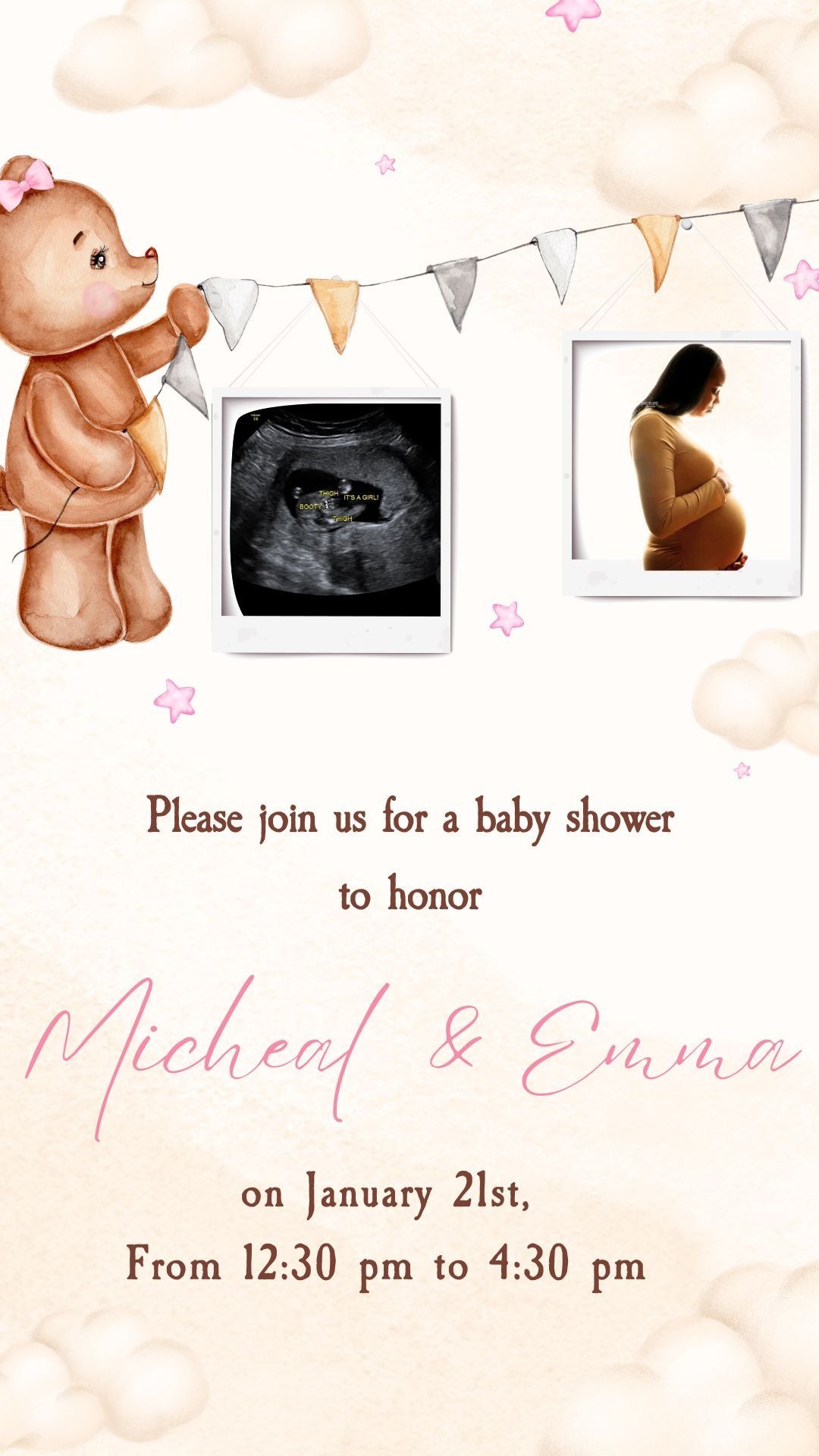 Teddy Bear Baby Shower Video Invitation - Teddy Bear Pink Theme Baby Shower Digital Invite