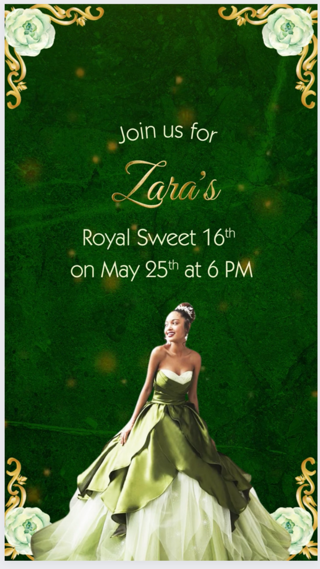 Princess Tiana & The Frog Sweet 16 Video Invitation - Princess Tiana & The Frog Sweet 16 Theme Birthday Party Invite