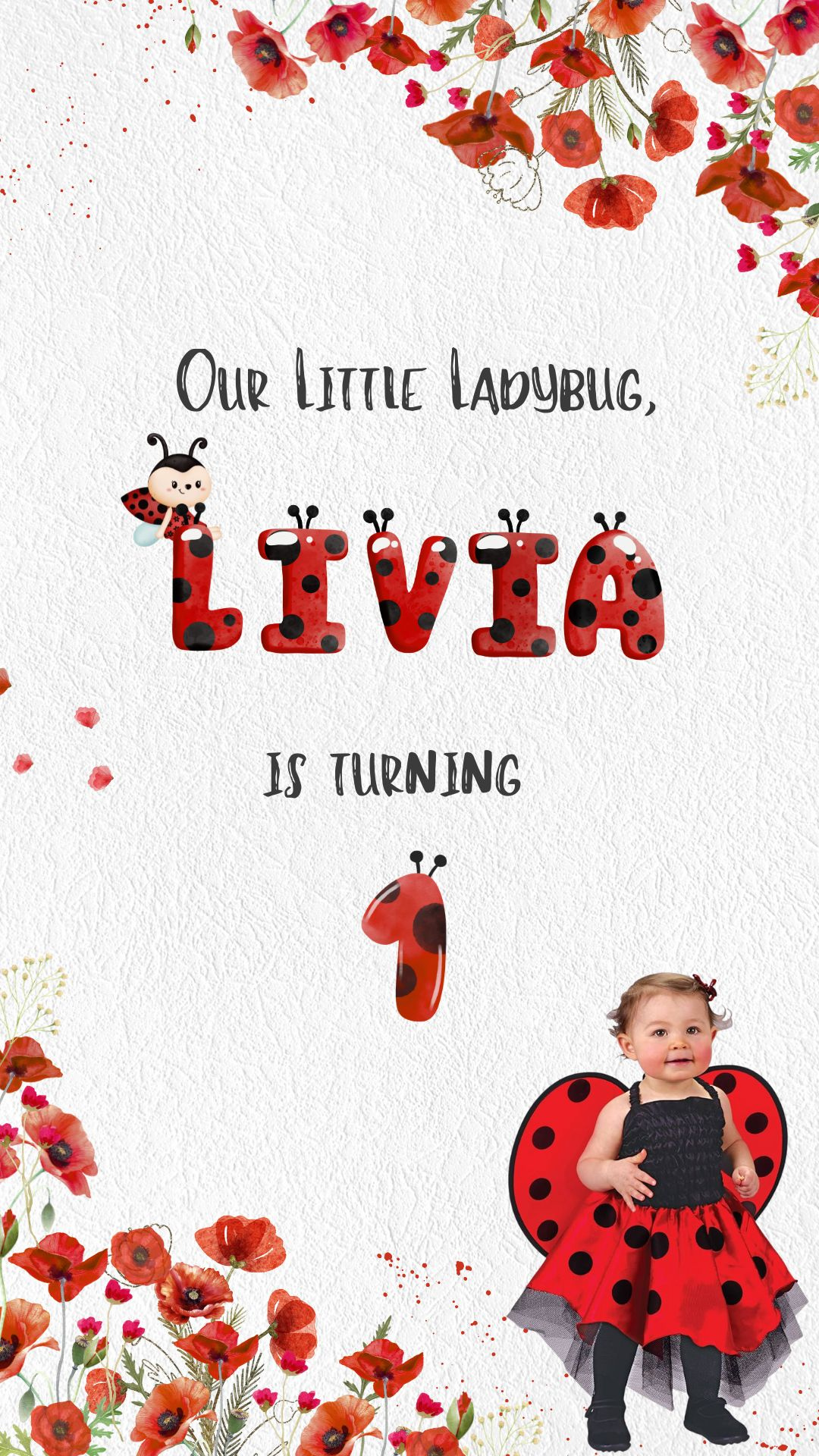 Ladybug & Poppy Seed Flowers Birthday Video Invitation - Ladybug Theme Digital Birthday Party Invite