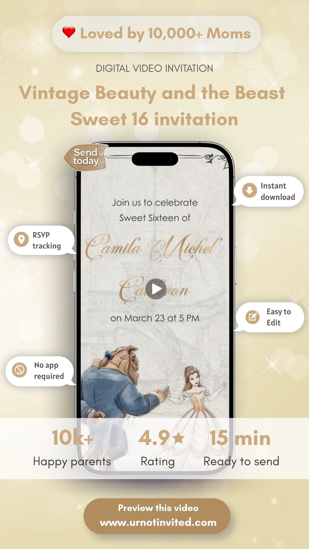 Vintage Beauty & Beast Sweet 16 Video Invitation - Enchanted Beauty & Beast Sweet 16 Paty Invite | Canva Template | Instant Download