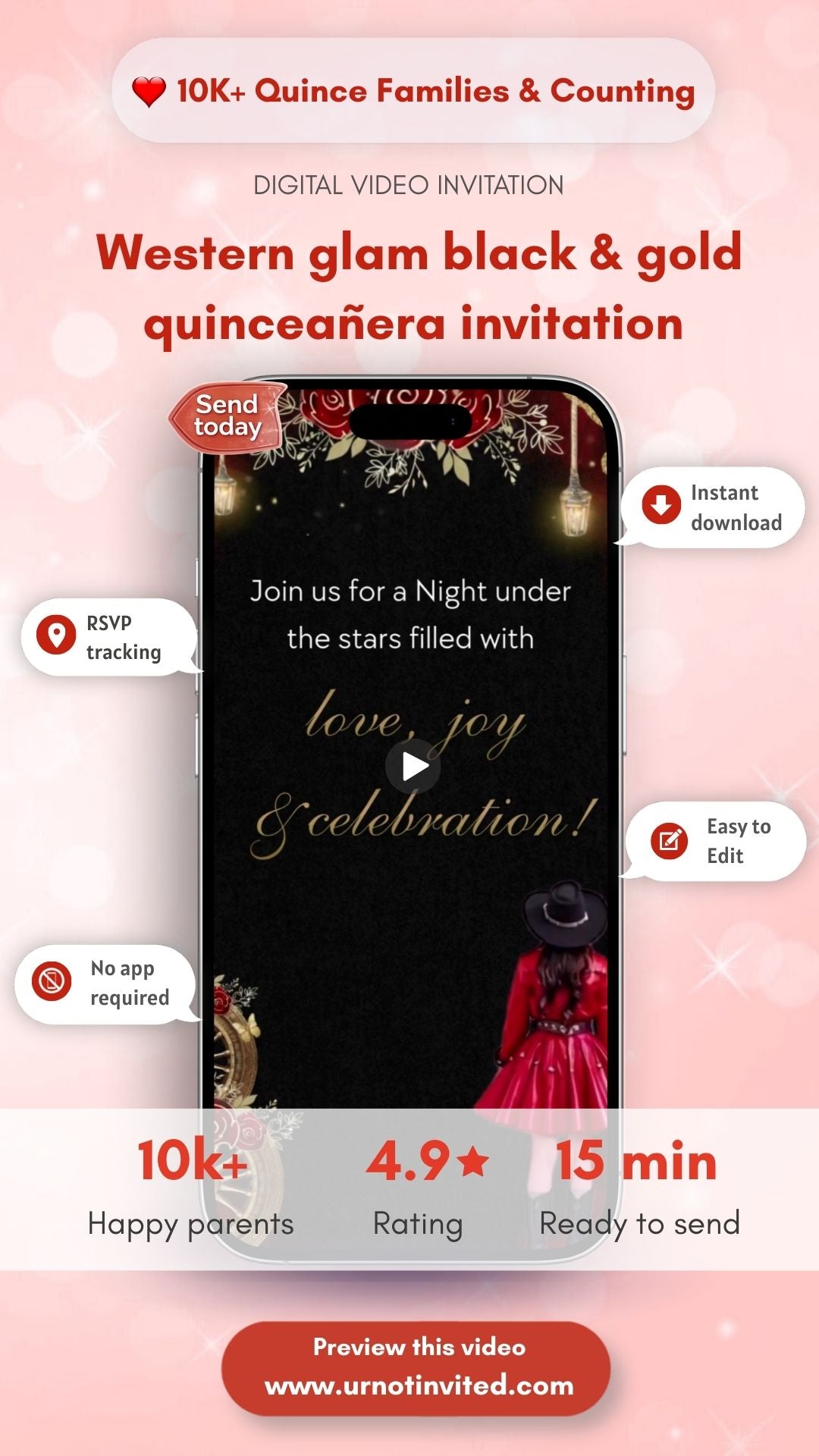 Western glam Cowgirl Quinceañera Animated Video Invitation | Canva Template | Instant Download, luxury quinceañera invitation