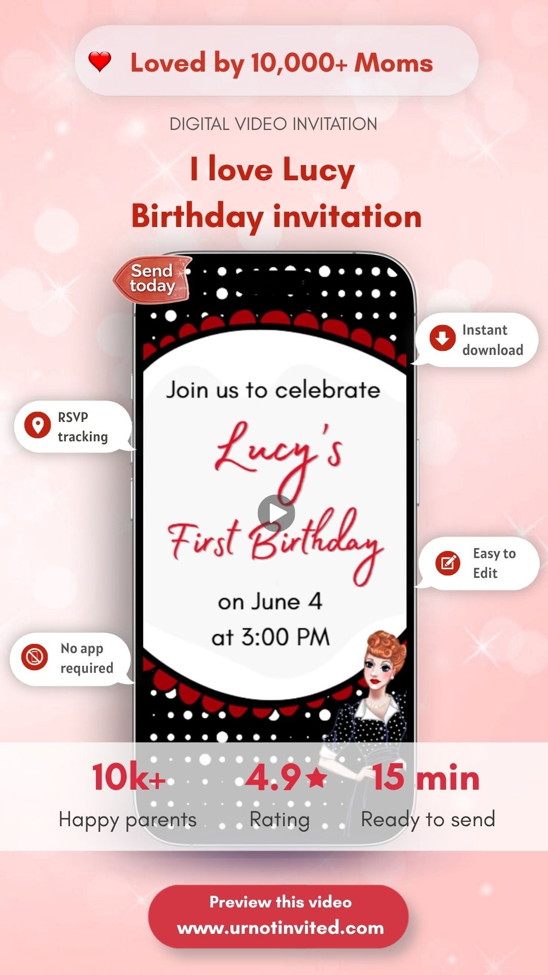 I love Lucy Birthday Video Invitation - I love Lucy Animated Theme Invite | Canva Template | Digital Download