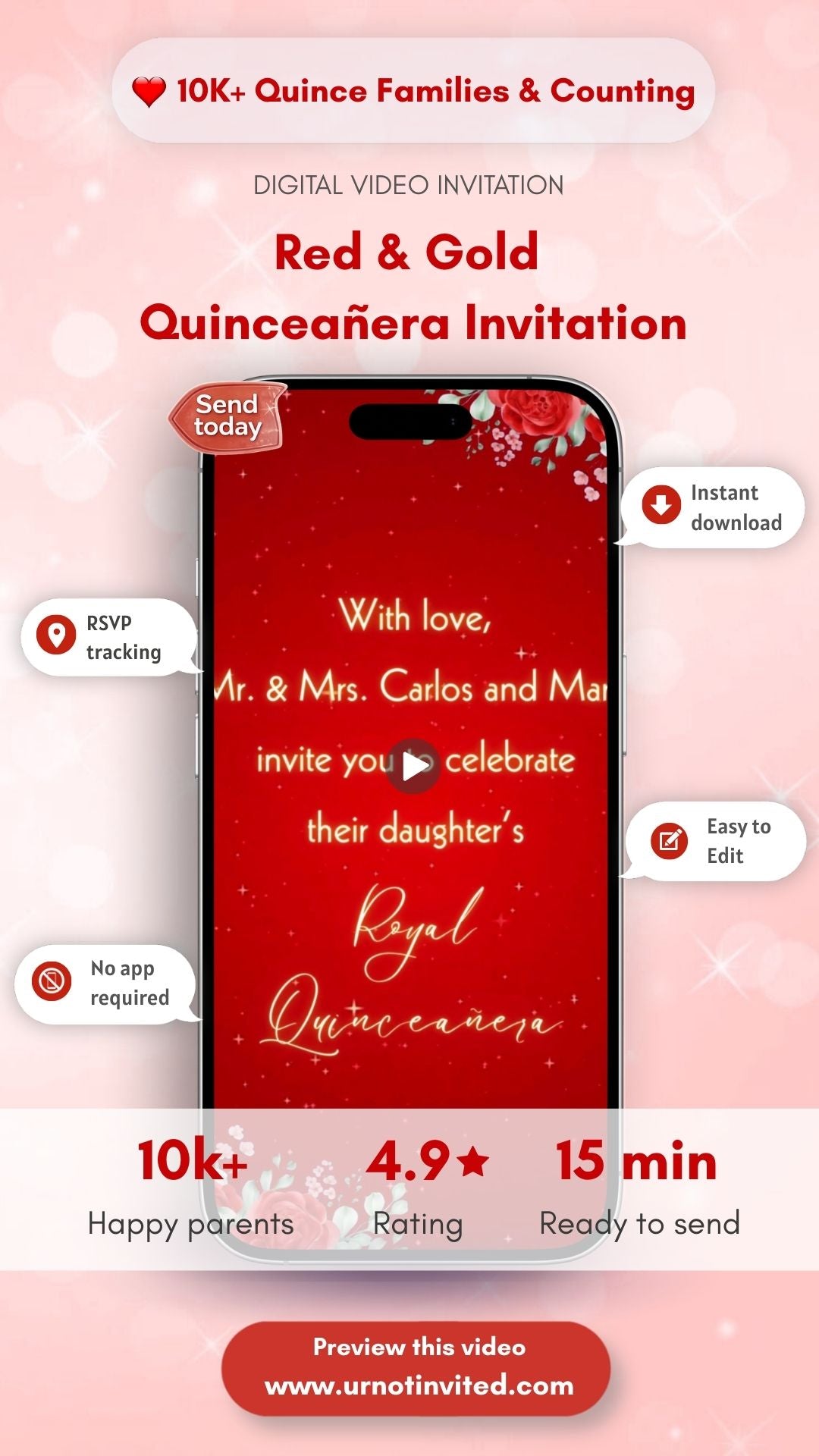 Red &amp; Gold Quinceañera Video Invitation - Red quinceañera invite, Red and gold floral quinceañera video invitation, Red dress princess quinceañera theme| Canva template | Digital invite