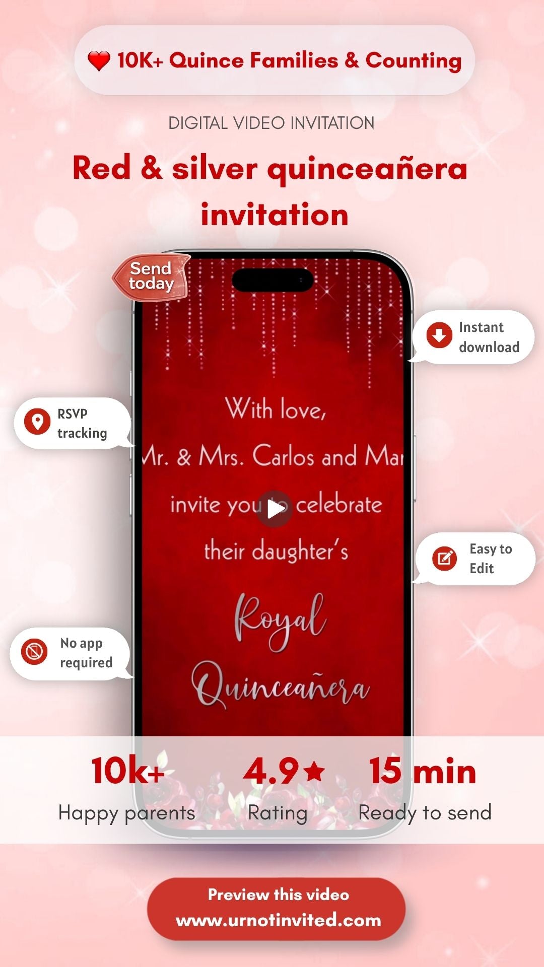 Red &amp; Silver Quinceañera Video Invitation - cinderella quinceañera invite, quinceañera video invitation, princess quinceañera theme, digital quinceañera invite | Canva Template | Instant Download