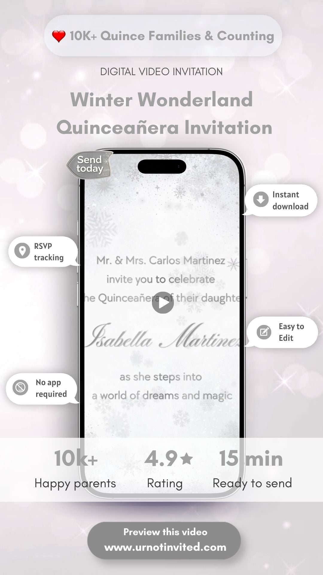 Winter Wonderland Quinceañera Video Invitation | Snow Theme Quinceanera Invite | Editable Canva Video Invitation | Instant Download