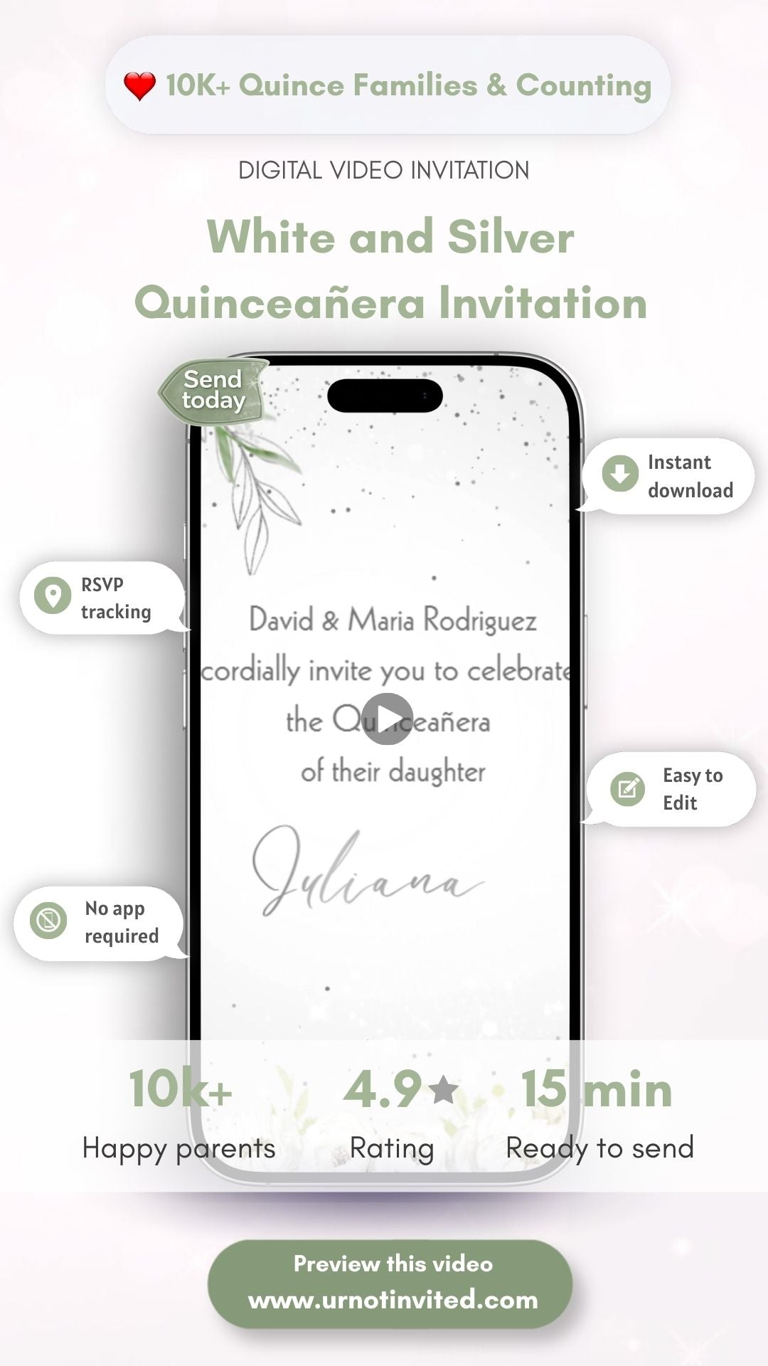 White &amp; Silver quinceañera Video Invitation - White &amp; Silver Quinceañera Theme Invite | Canva template | Digital Invite