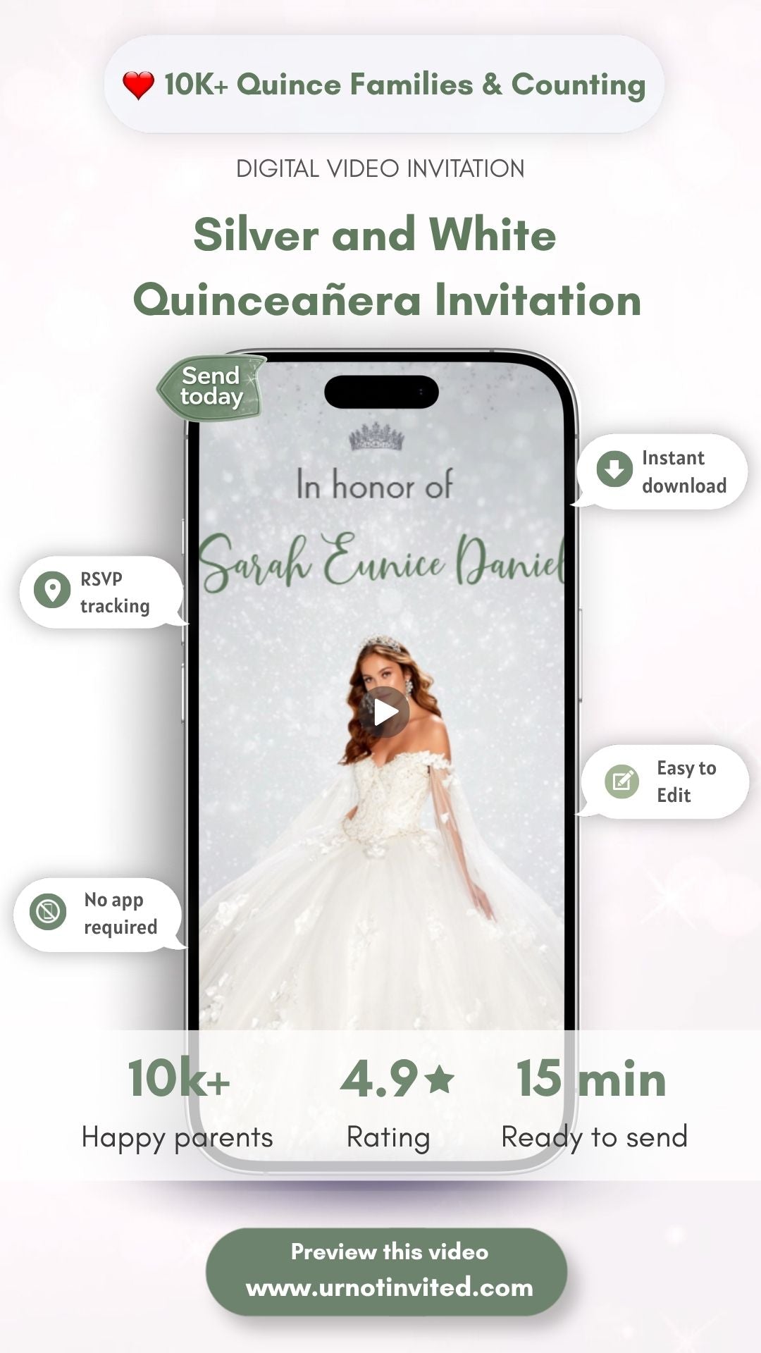 Silver and White  Quinceañera Video Invitation - Silver and White Quinceañera Theme Quince Años Digital Invite| Canva template | Digital download
