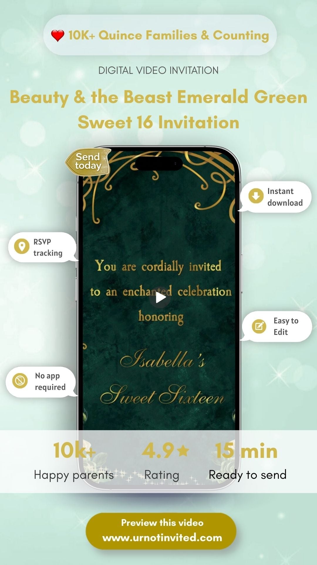 Beauty and the Beast Sweet 16 Video Invitation | Emerald Green Princess Birthday Evite | Animated Digital Invite | Canva Template | Instant Download - urnotinvitedsweet 16urnotinvitedurnotinvitedVideo OnlyBeauty and the Beast Sweet 16 Video Invitation | Emerald Green Princess Birthday Evite | Animated Digital Invite | Canva Template | Instant Download
