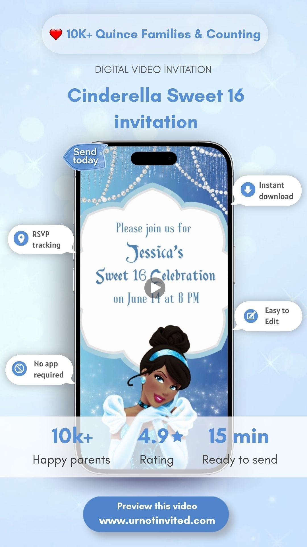 Cinderella Sweet 16 Invitation – Dark Skin Princess Birthday Video Invitation - Cinderella Theme Digital Party Invite | Canva Template | Instant Download - urnotinvitedKIds BirthdayurnotinvitedurnotinvitedINV-13313Video OnlyCinderella Sweet 16 Invitation – Dark Skin Princess Birthday Video Invitation - Cinderella Theme Digital Party Invite | Canva Template | Instant Download