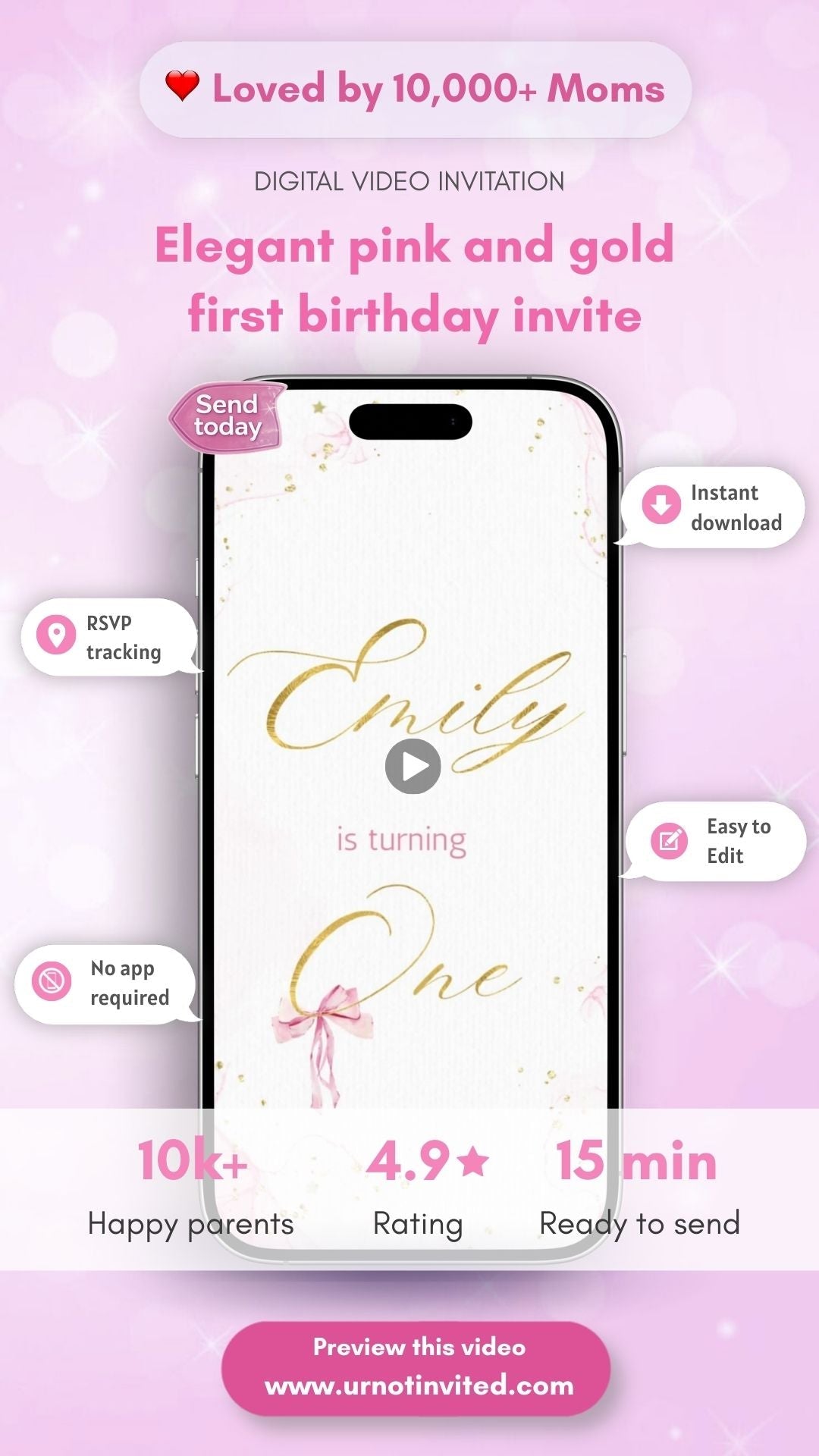 Elegant Pink &amp; Gold First Birthday Invitation | Animated Video Invite | Canva Template | Instant Download - urnotinvitedFirst BirthdayurnotinvitedurnotinvitedVideo OnlyElegant Pink &amp; Gold First Birthday Invitation | Animated Video Invite | Canva Template | Instant Download