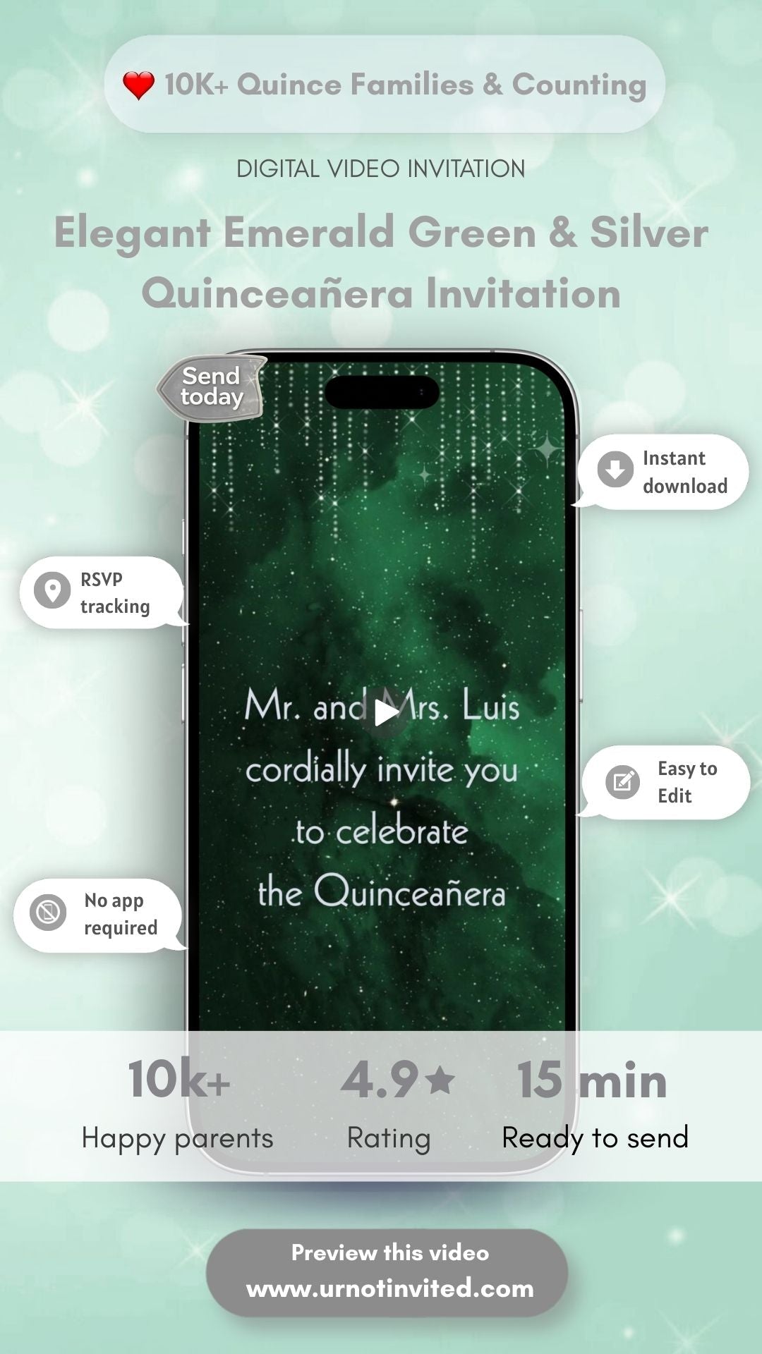 Emerald Green Quinceañera Invitation – Elegant Princess Quince Party Invite | Canva Template | Instant Download - urnotinvitedQuinceañera invitationurnotinvitedurnotinvitedINV-1187Video OnlyEmerald Green Quinceañera Invitation – Elegant Princess Quince Party Invite | Canva Template | Instant Download