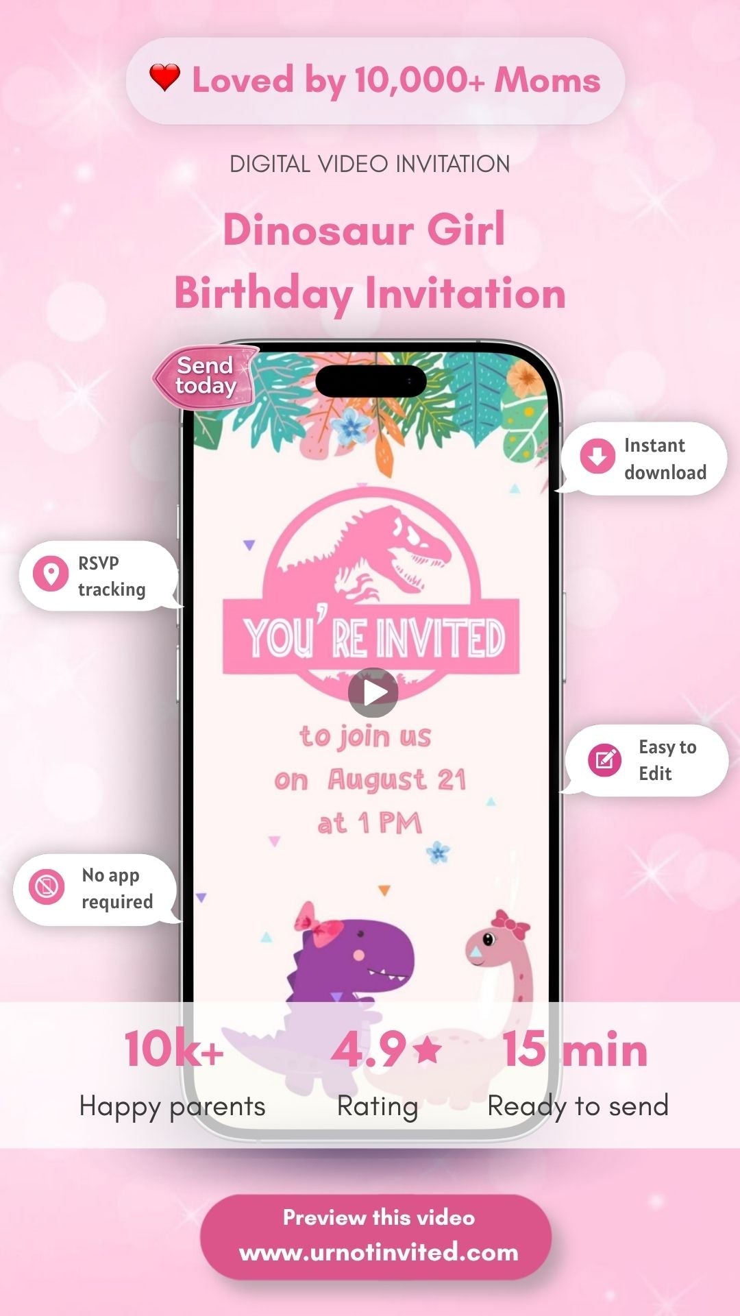 Girl Dinosaur Birthday Invitation – Pink Dino Theme Kids Party Digital Invite | Canva Template | Instant Download - urnotinvitedKIds BirthdayyourenvitedurnotinvitedINV-0142Video OnlyGirl Dinosaur Birthday Invitation – Pink Dino Theme Kids Party Digital Invite | Canva Template | Instant Download