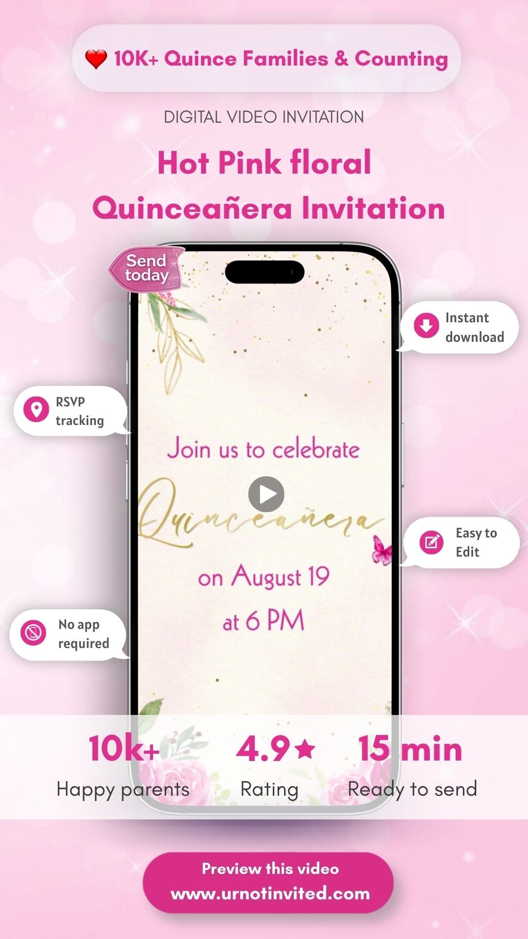 Hot Pink Floral Quinceañera Video Invitation – Floral Princess Theme | Canva Template | Instant Download - urnotinvitedQuinceañera invitationurnotinvitedurnotinvitedVideo OnlyHot Pink Floral Quinceañera Video Invitation – Floral Princess Theme | Canva Template | Instant Download