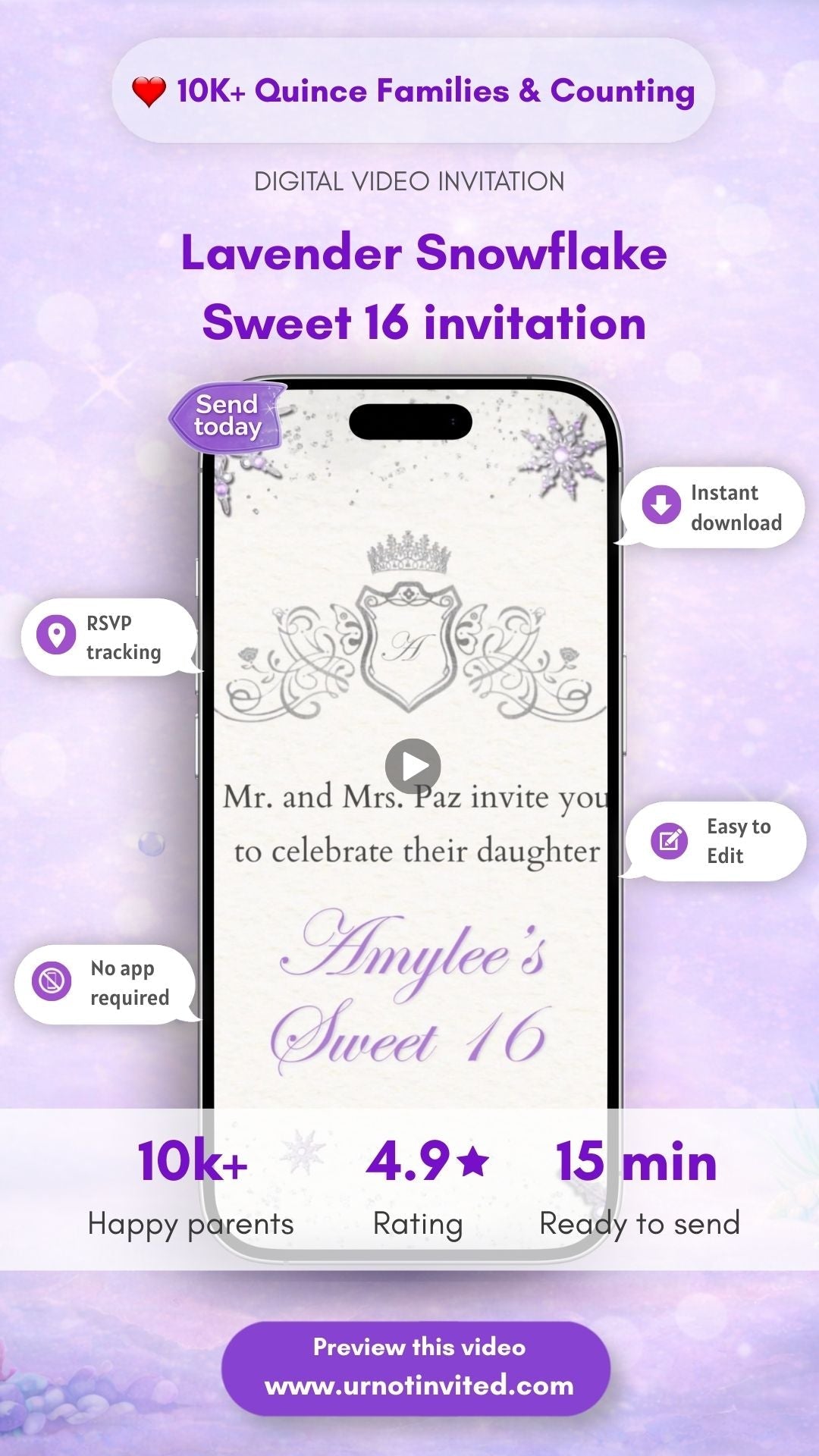 Lavender Snowflake Sweet 16 Invitation Video | Winter Wonderland Birthday Invite | Purple Princess 16th Party Canva Template | Instant Download - urnotinvitedTeens BirthdayurnotinvitedurnotinvitedVideo OnlyLavender Snowflake Sweet 16 Invitation Video | Winter Wonderland Birthday Invite | Purple Princess 16th Party Canva Template | Instant Download