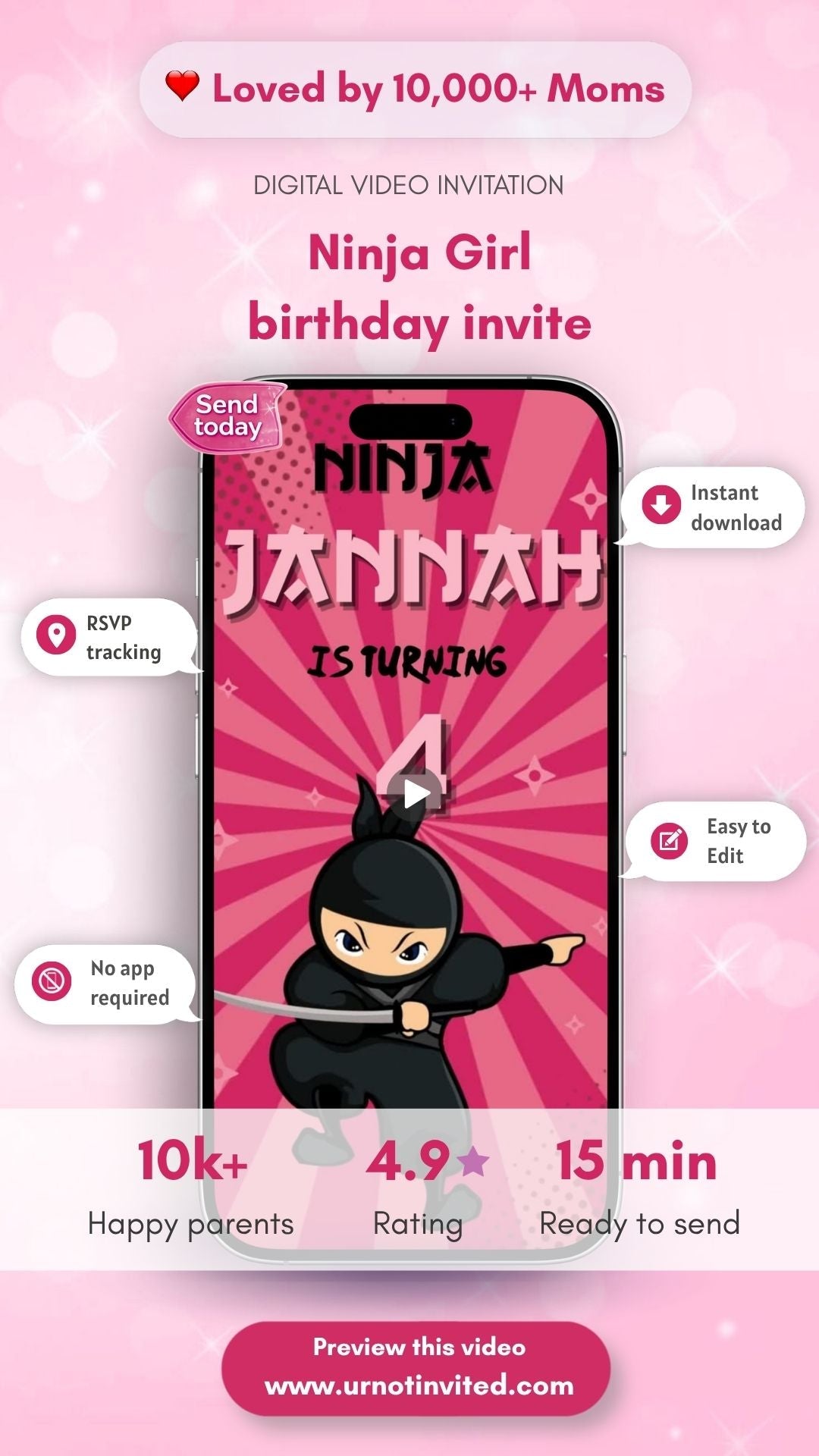 Ninja Girl Birthday Video Invitation - Girl Ninja Pink Theme Party Invite - Kids ninja party invitation | Canva Template | Instant Download - urnotinvitedKIds BirthdayurnotinvitedurnotinvitedINV-1189Video OnlyNinja Girl Birthday Video Invitation - Girl Ninja Pink Theme Party Invite - Kids ninja party invitation | Canva Template | Instant Download