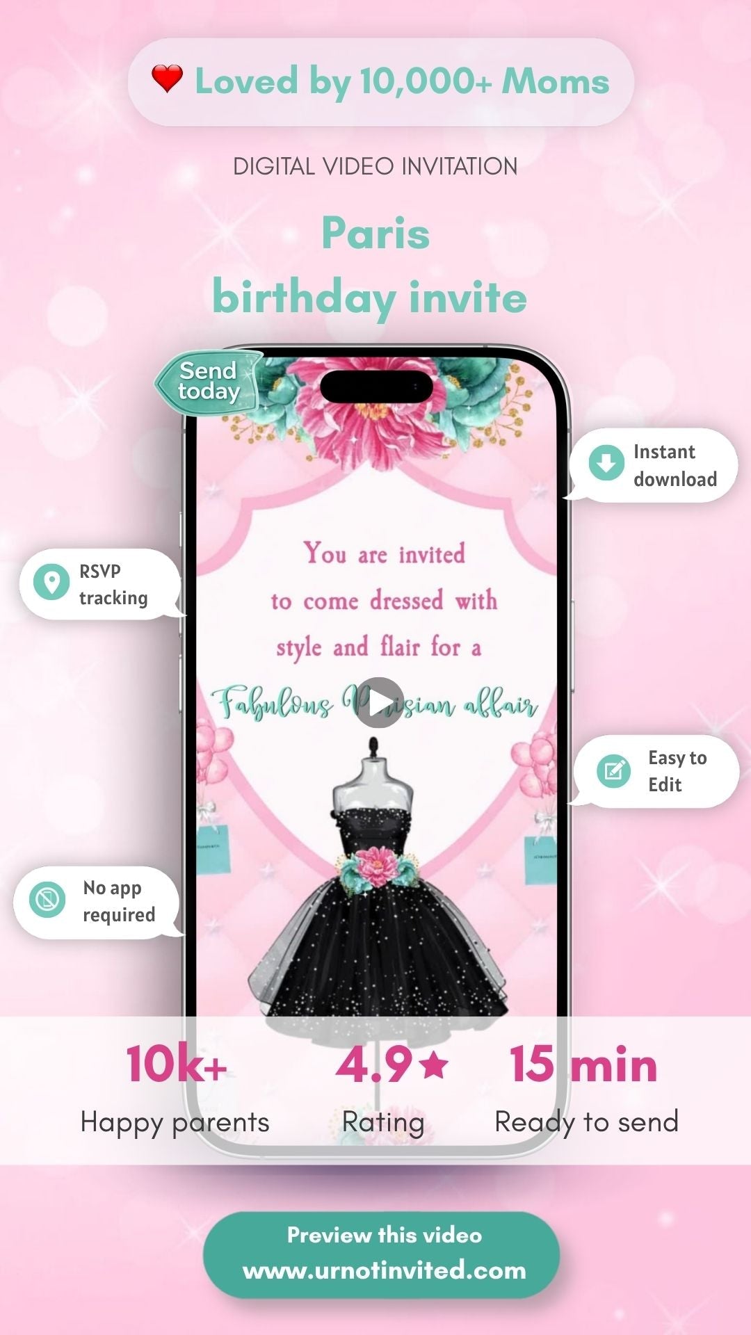 Paris Birthday Video Invitation - Paris Pink Floral Theme Birthday Party Invite | Canva Template | Instant Download - urnotinvitedKIds BirthdayurnotinvitedurnotinvitedINV-1276Video OnlyParis Birthday Video Invitation - Paris Pink Floral Theme Birthday Party Invite | Canva Template | Instant Download