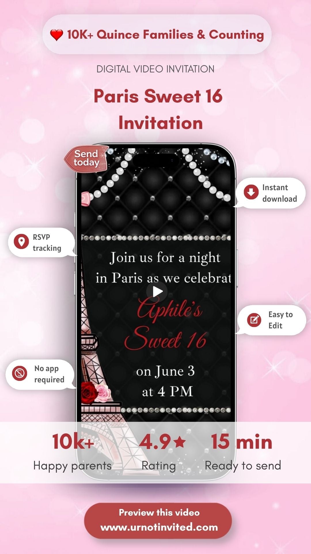 Paris Sweet 16 Video Invitation - urnotinvitedSweet 16 BirthdayurnotinvitedurnotinvitedINV-1033DIY VideoParis Sweet 16 Video Invitation