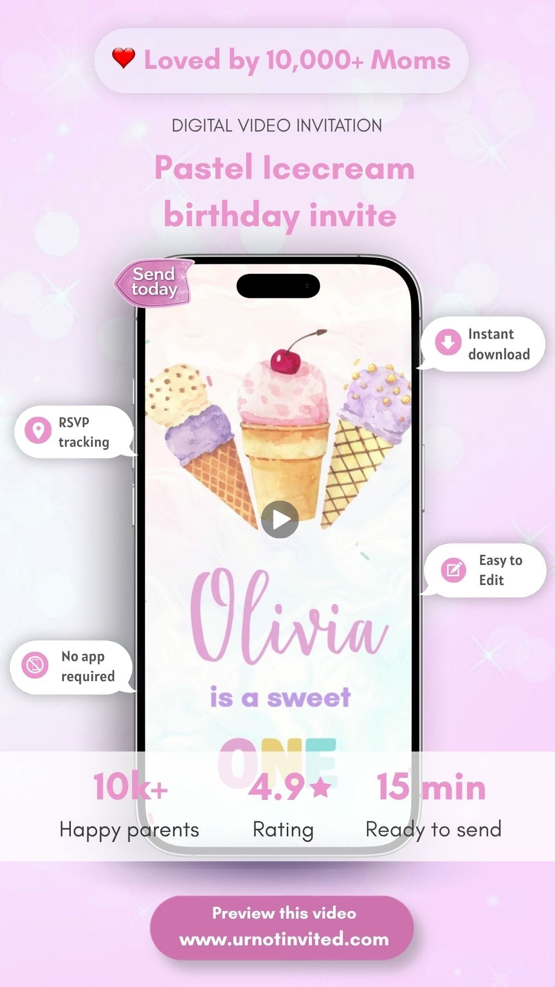 Pastel Ice Cream Birthday Video Invitation - urnotinvitedKIds BirthdayurnotinvitedurnotinvitedINV-1028DIY VideoPastel Ice Cream Birthday Video Invitation