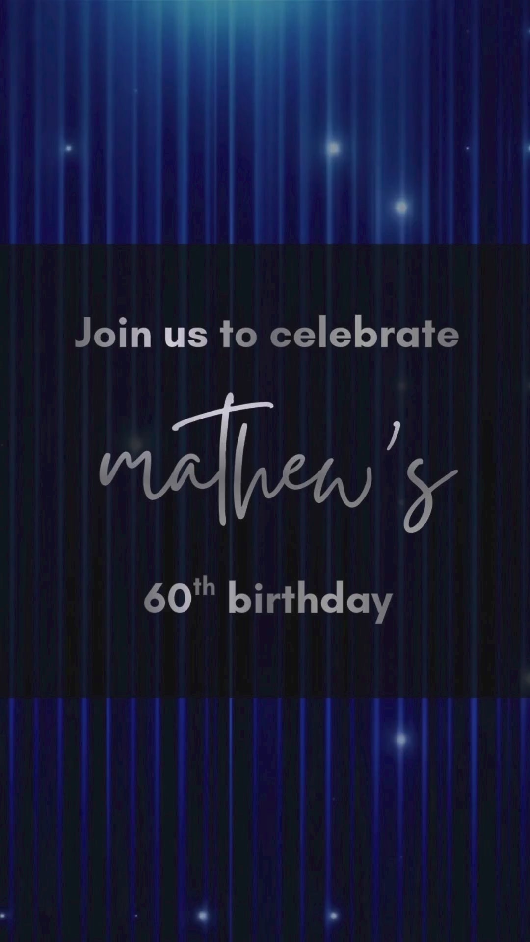 Classy men's blue birthday video invitation with elegant design delivered as MP4 via email and WhatsApp