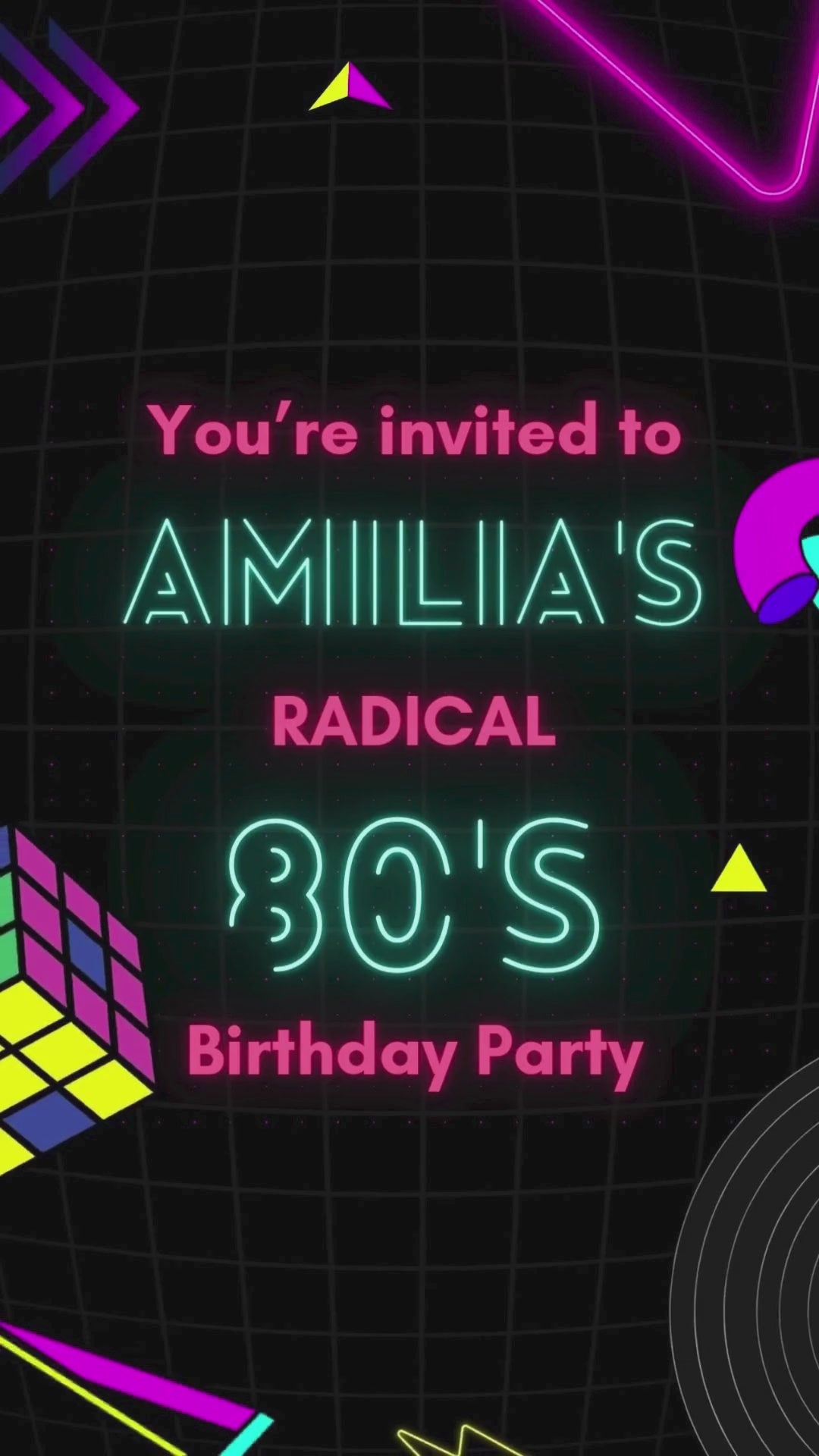  Animated 80's Neon video invitation preview on phone and desktop with instant download and RSVP tracking badges