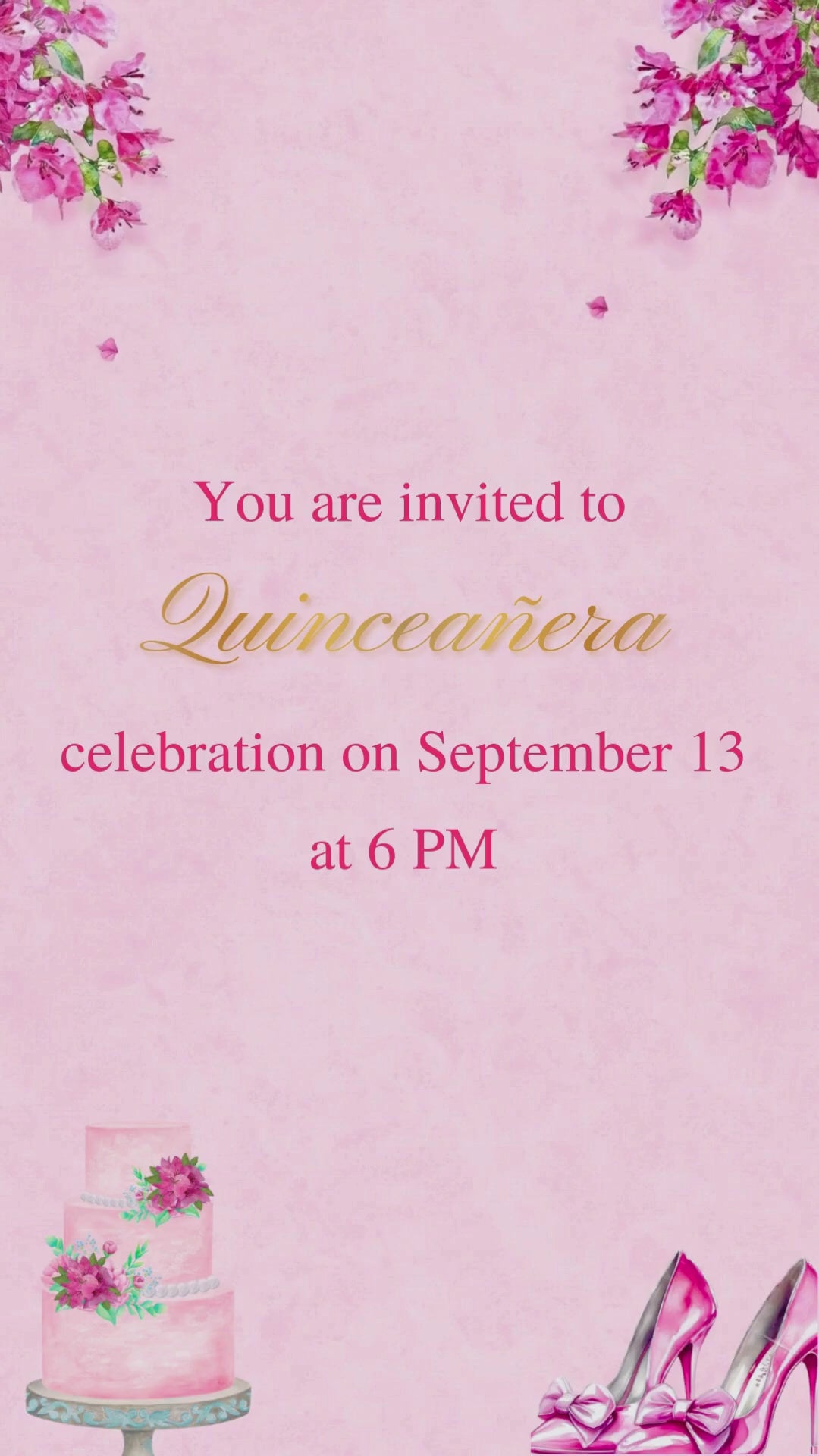 
Hot pink butterfly quinceañera video invitation with animated floral design