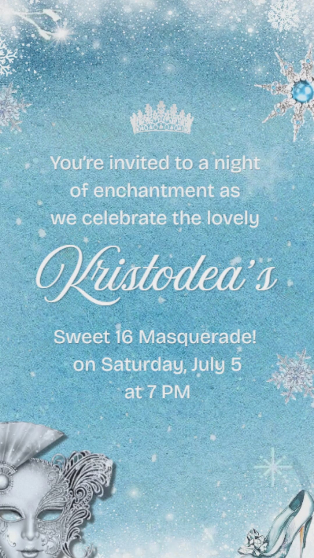 Winter Wonderland Masquerade Sweet 16 Invitation Video | Snow Ball Birthday Invite | Elegant Mask Party Canva Template | Instant Download