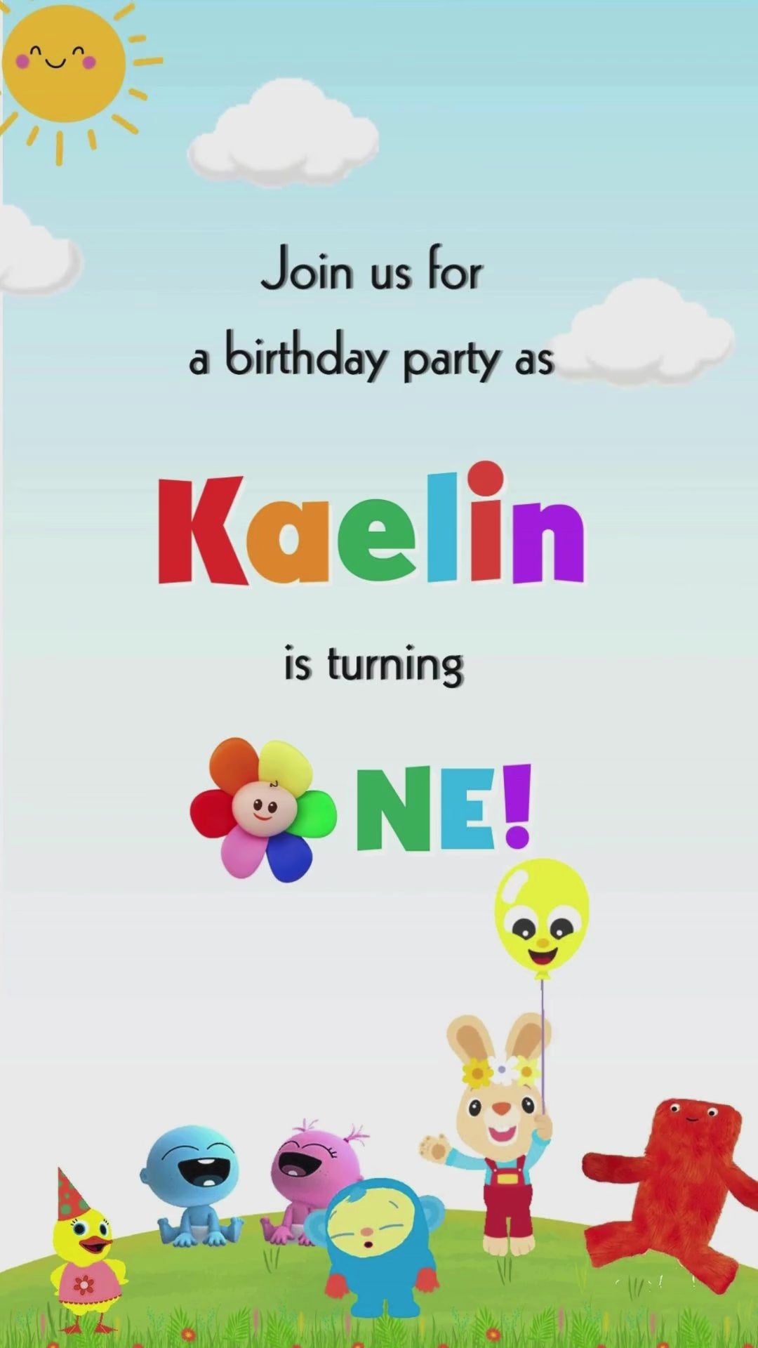 Colorful Baby TV themed birthday animated video invitation for kids party by UrNotInvited