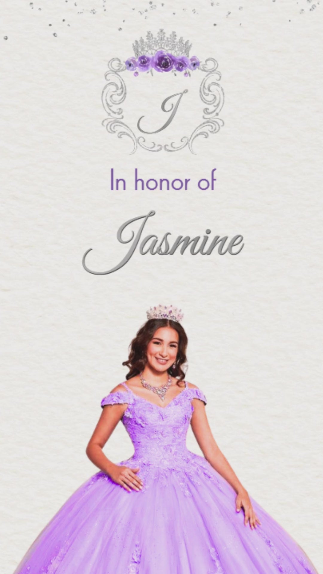 
Lavender white and silver quinceañera princess animated video invitation