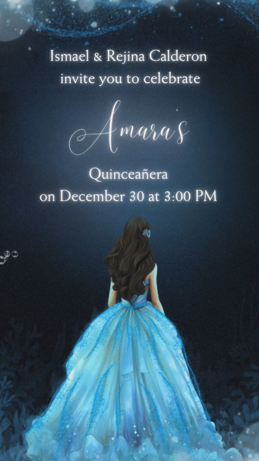 Aqua blue princess quinceañera video invitation with animated castle and sparkle effects.