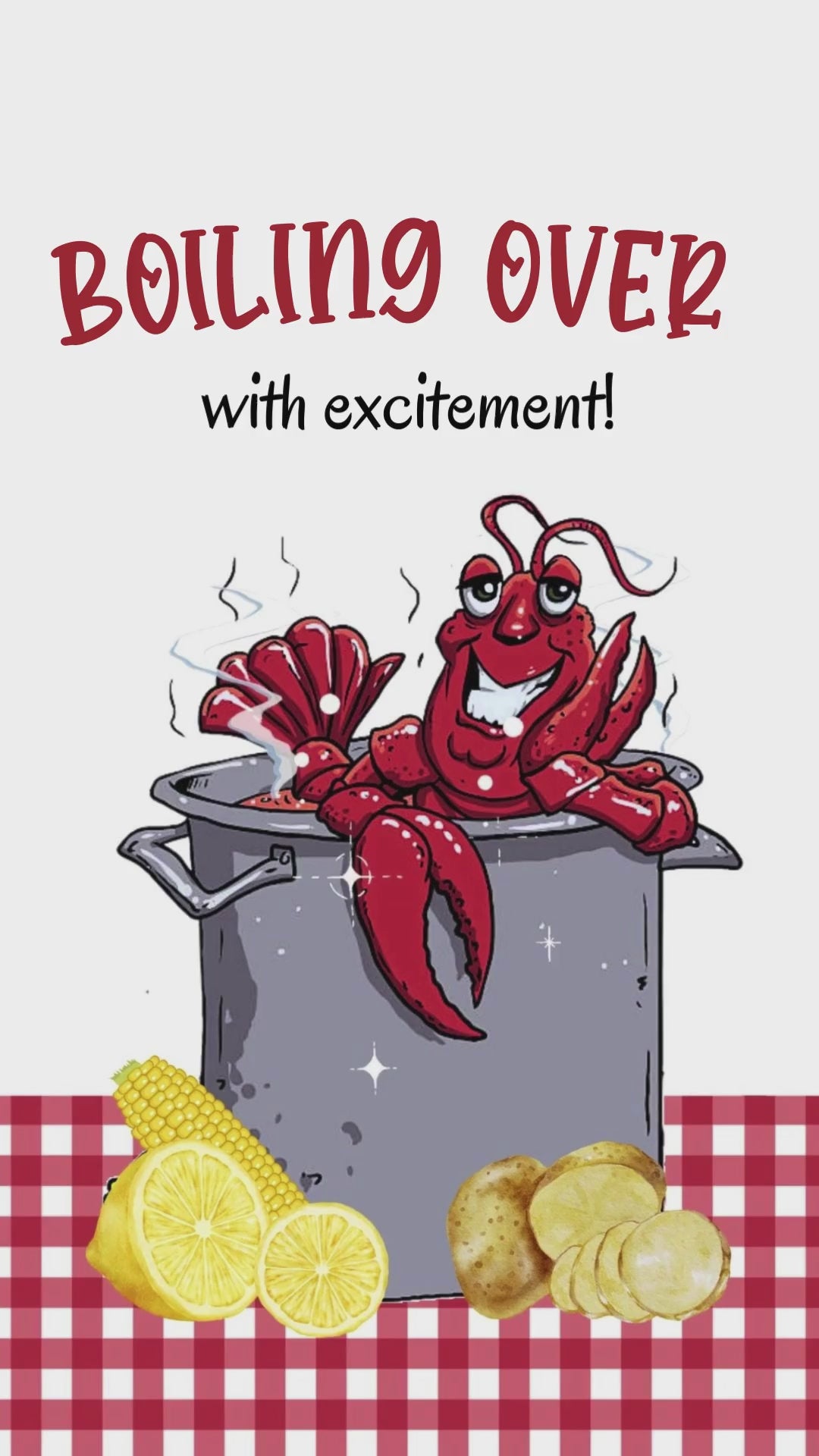 Animated crawfish boil birthday video invitation with festive Louisiana seafood party design delivered as MP4