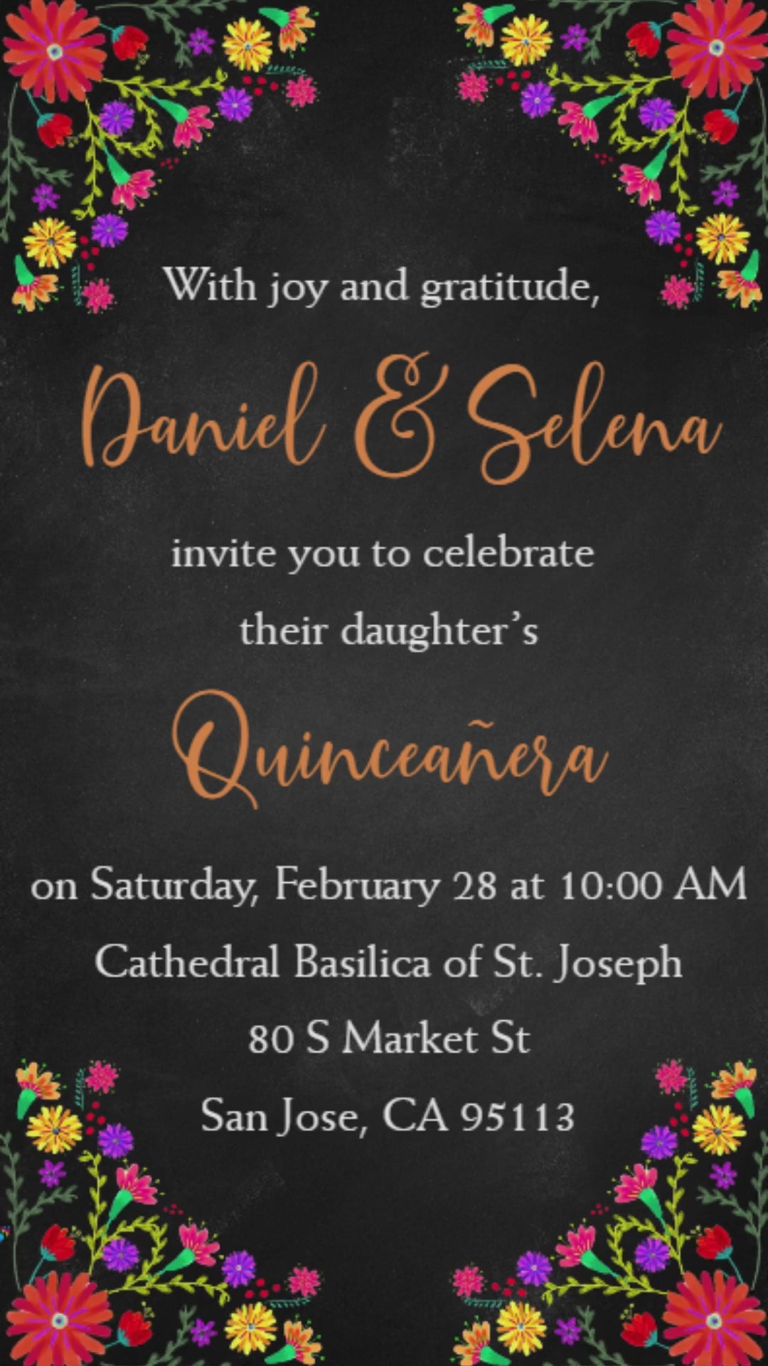 Mexican fiesta floral black quinceañera invitation with papel picado and gold accents