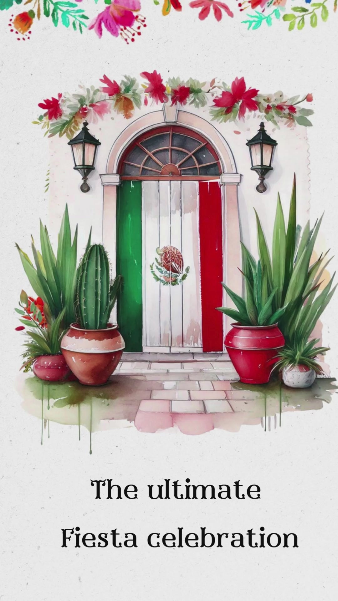 Animated Mexican birthday video invitation with spirit of Mexico guitars marigolds sombreros and vibrant fiesta colors