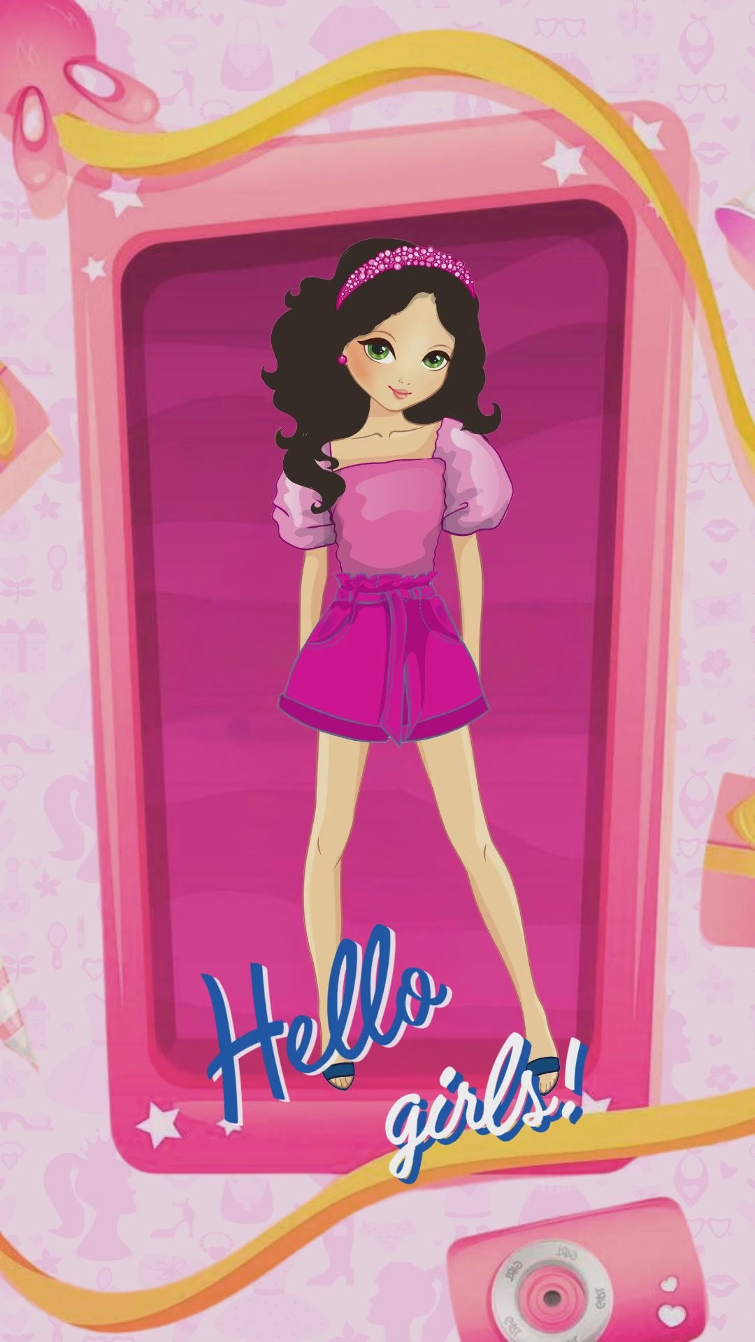 Animated pink doll birthday video invitation template featuring a life-sized hot pink toy box frame, sparkling star graphics, and glamorous typography.