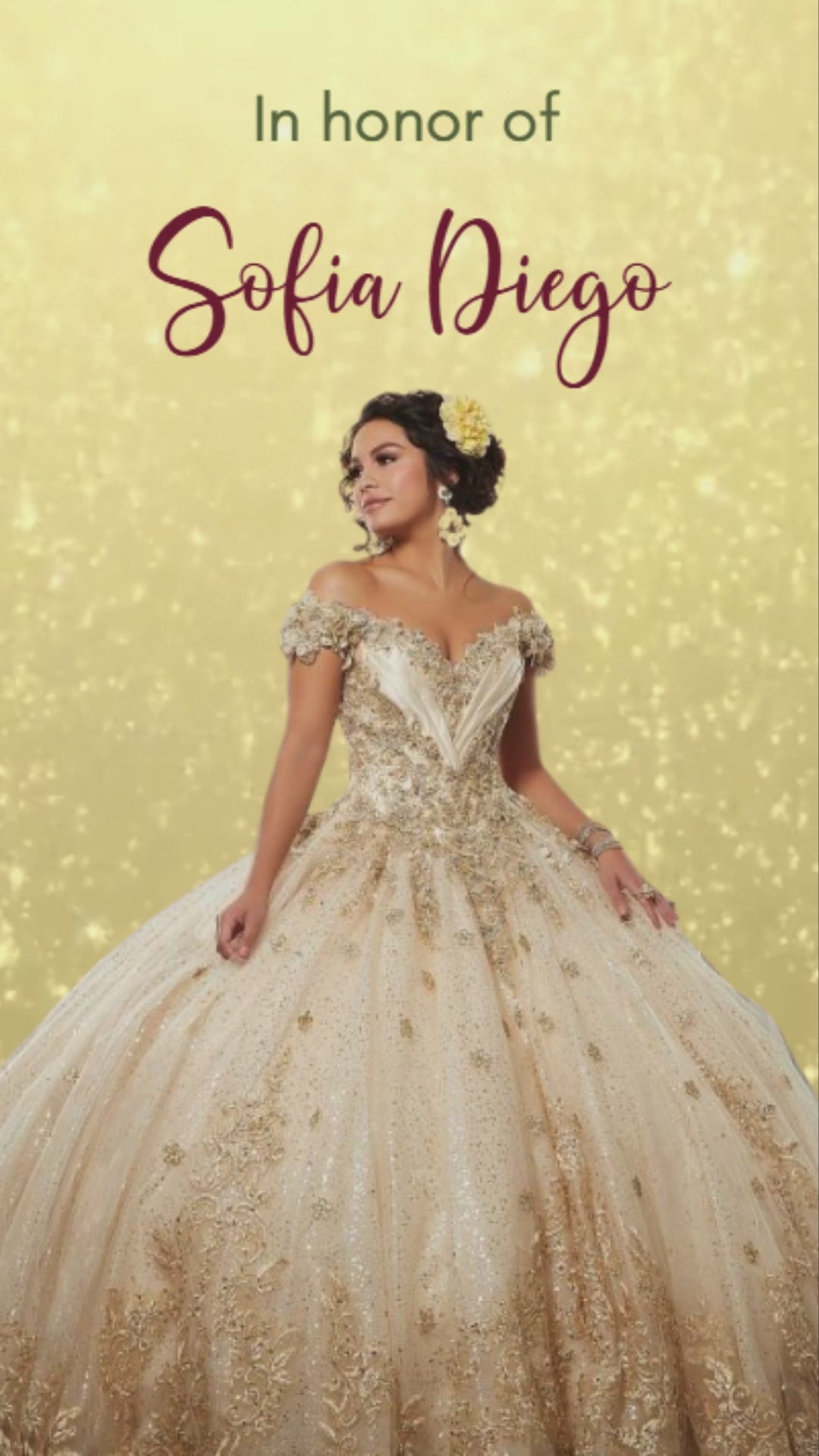 Gold and burgundy quinceañera video invitation with animated floral border