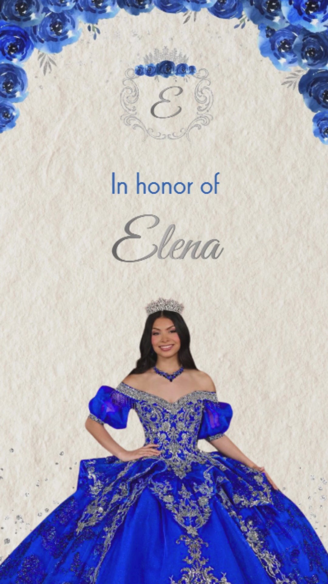 Royal Blue & Silver Quinceañera Video Invitation - royal blue floral quinceañera invite| Canva template | Instant download