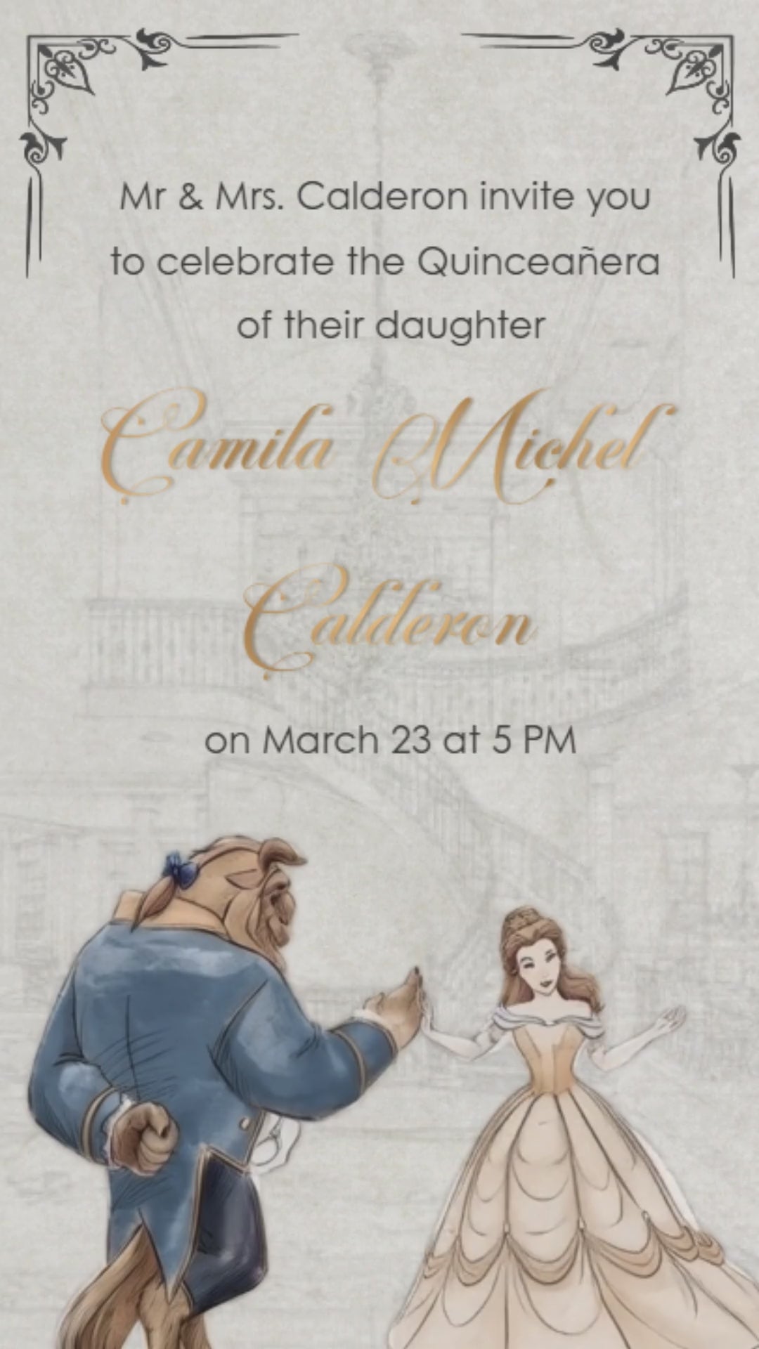 Vintage Beauty and the Beast quinceañera video invitation with rose and castle design.