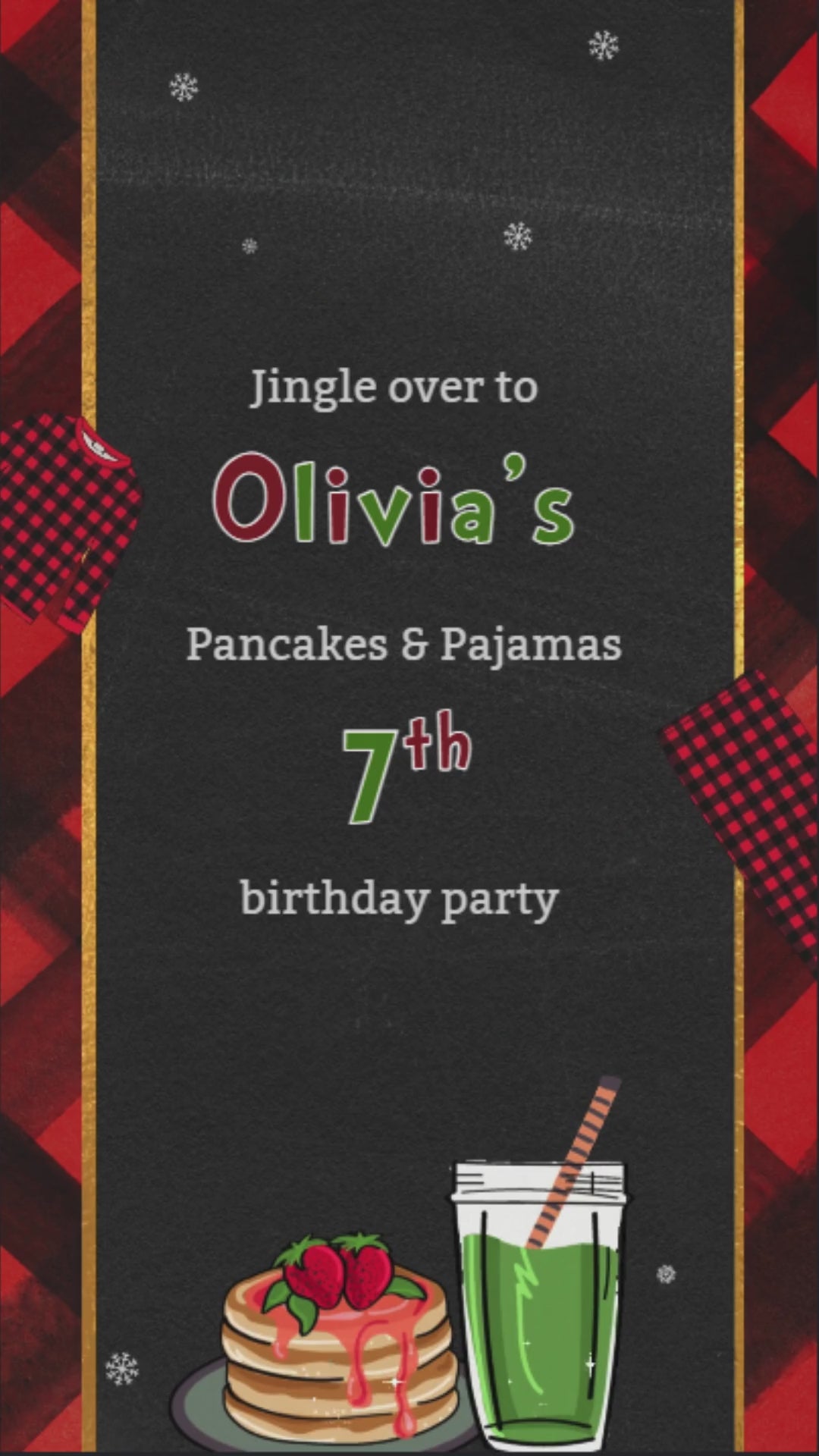 Invite guests to a cozy pancake and pajama birthday bash. Animated video invitation, easy to customize, instant download. Order yours today.