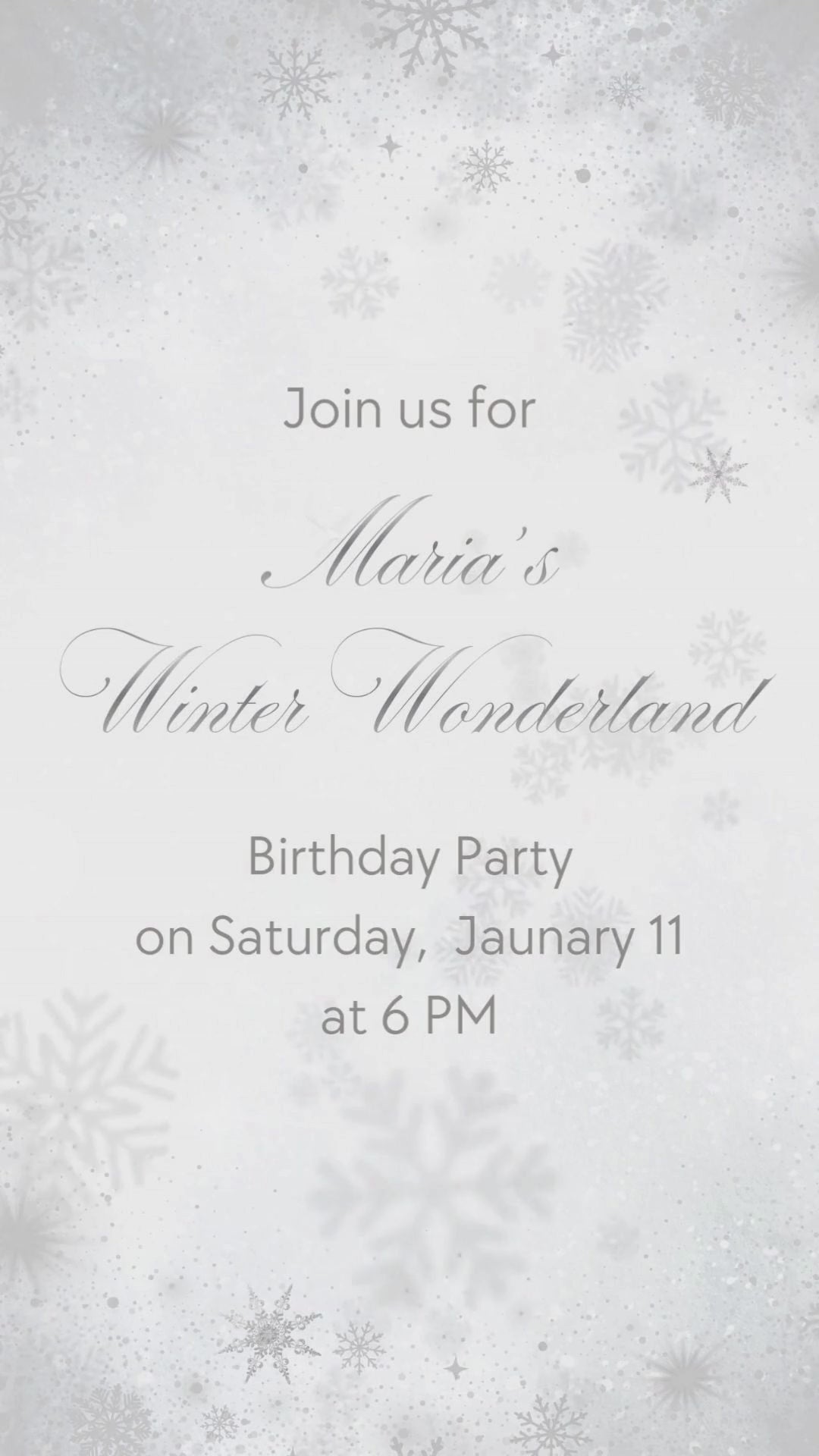 Winter wonderland birthday invitation video with sparkling snowflakes and wonderland winterland theme design