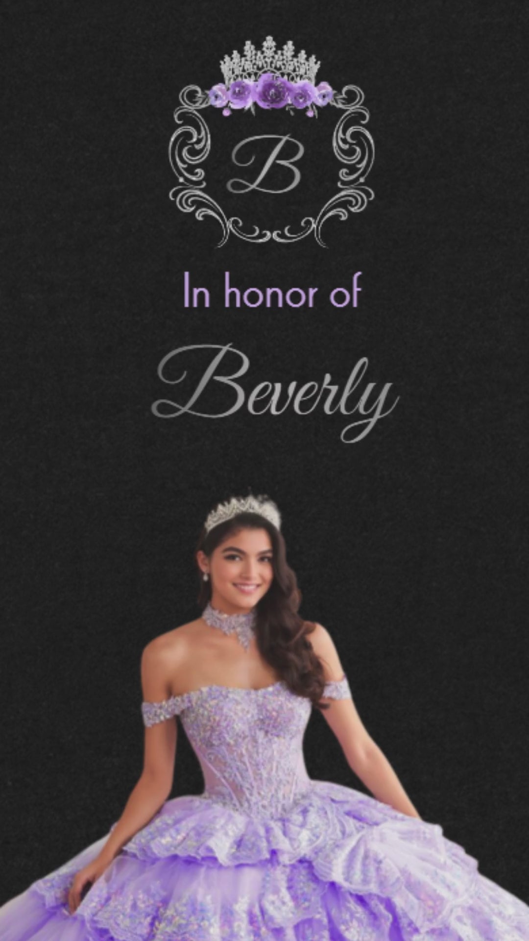 
Lavender and black quinceañera video invitation with animated floral design