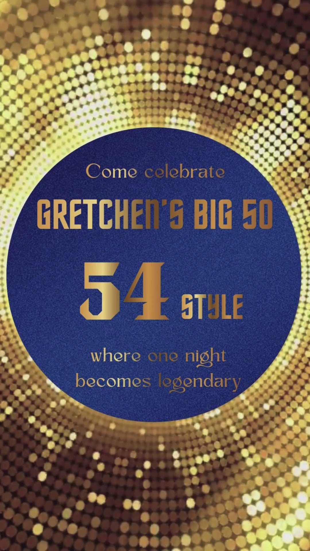 Blue disco birthday animated video invitation with spinning glitter ball and neon party text
