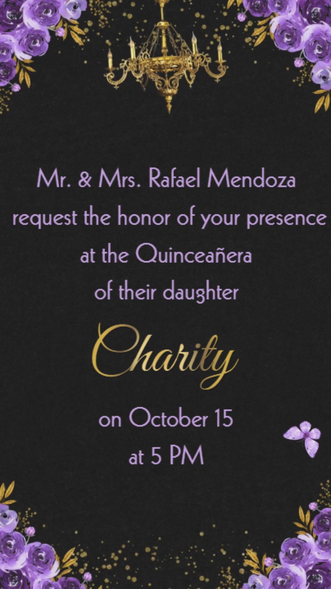 Lavender black and gold quinceañera princess video invitation with tiara animation