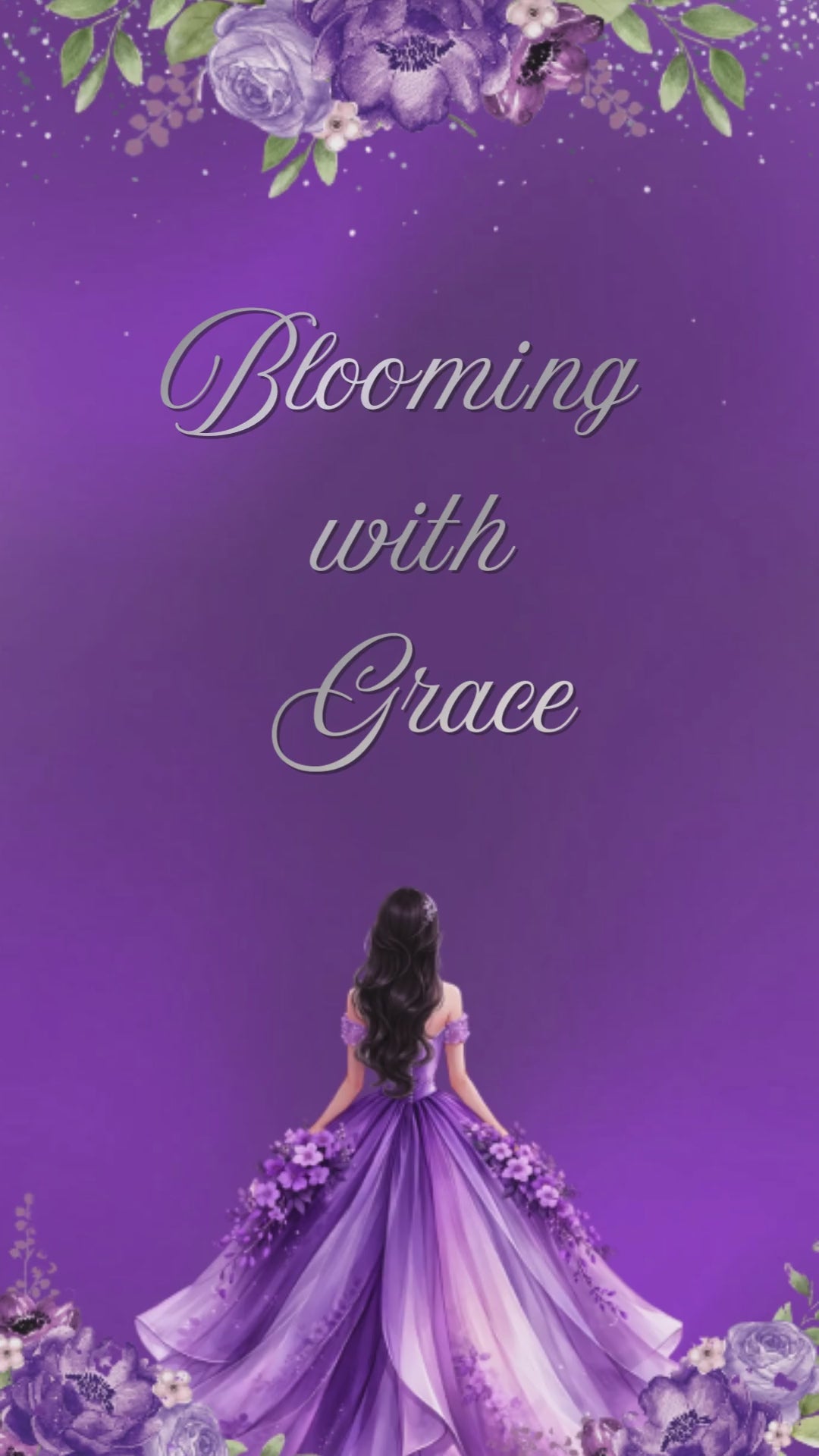 Purple quinceañera video invitation with floral animation and gold text for a 15th birthday celebration