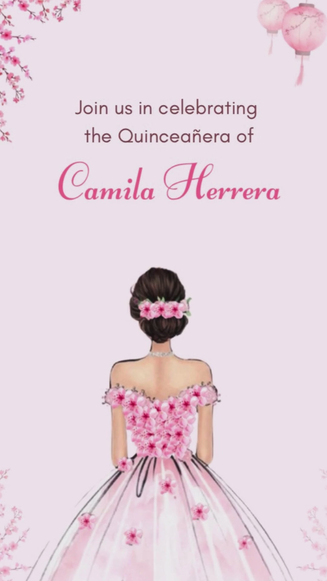 Cherry blossom quinceañera video invitation with pink floral animation and gold accents