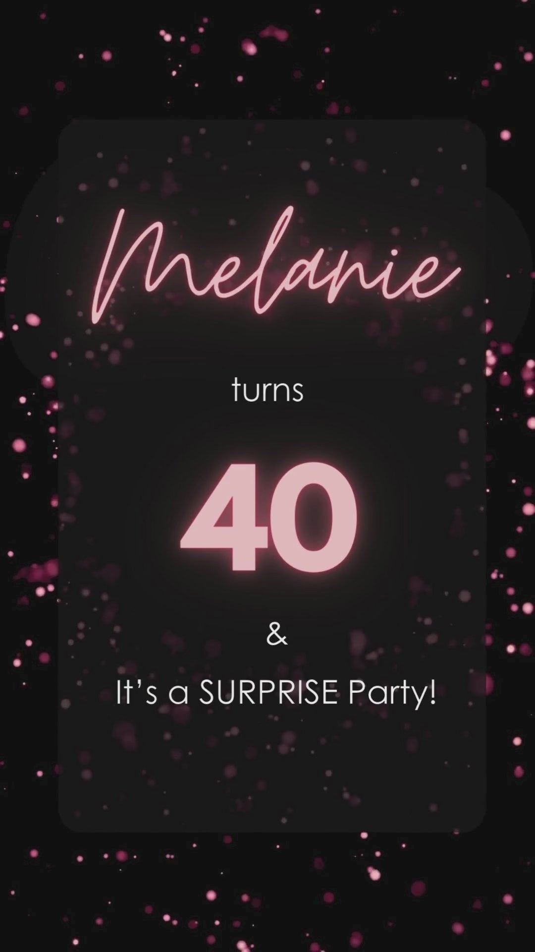 Modern glam black and rose gold 40th birthday video invitation with animated text