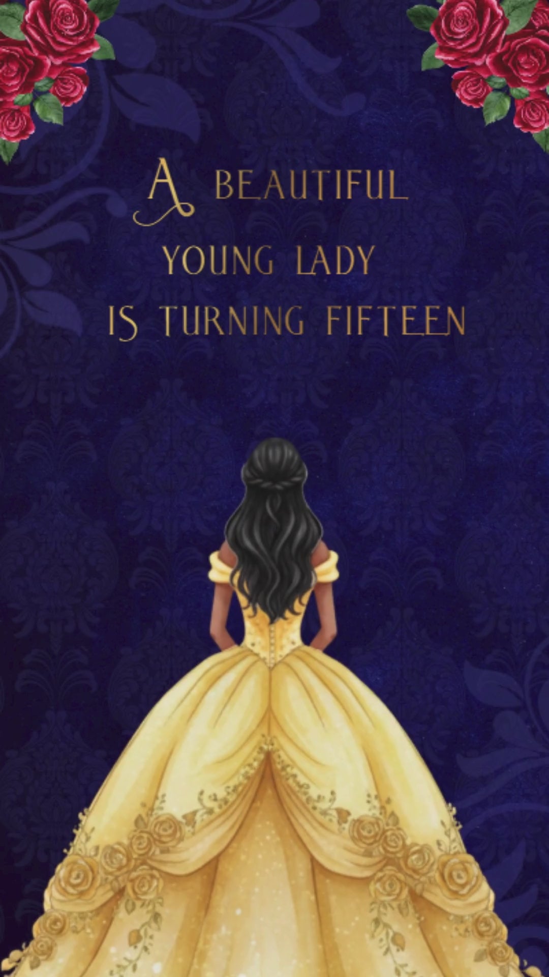 Beauty and the Beast quinceañera animated video invitation with rose and castle theme