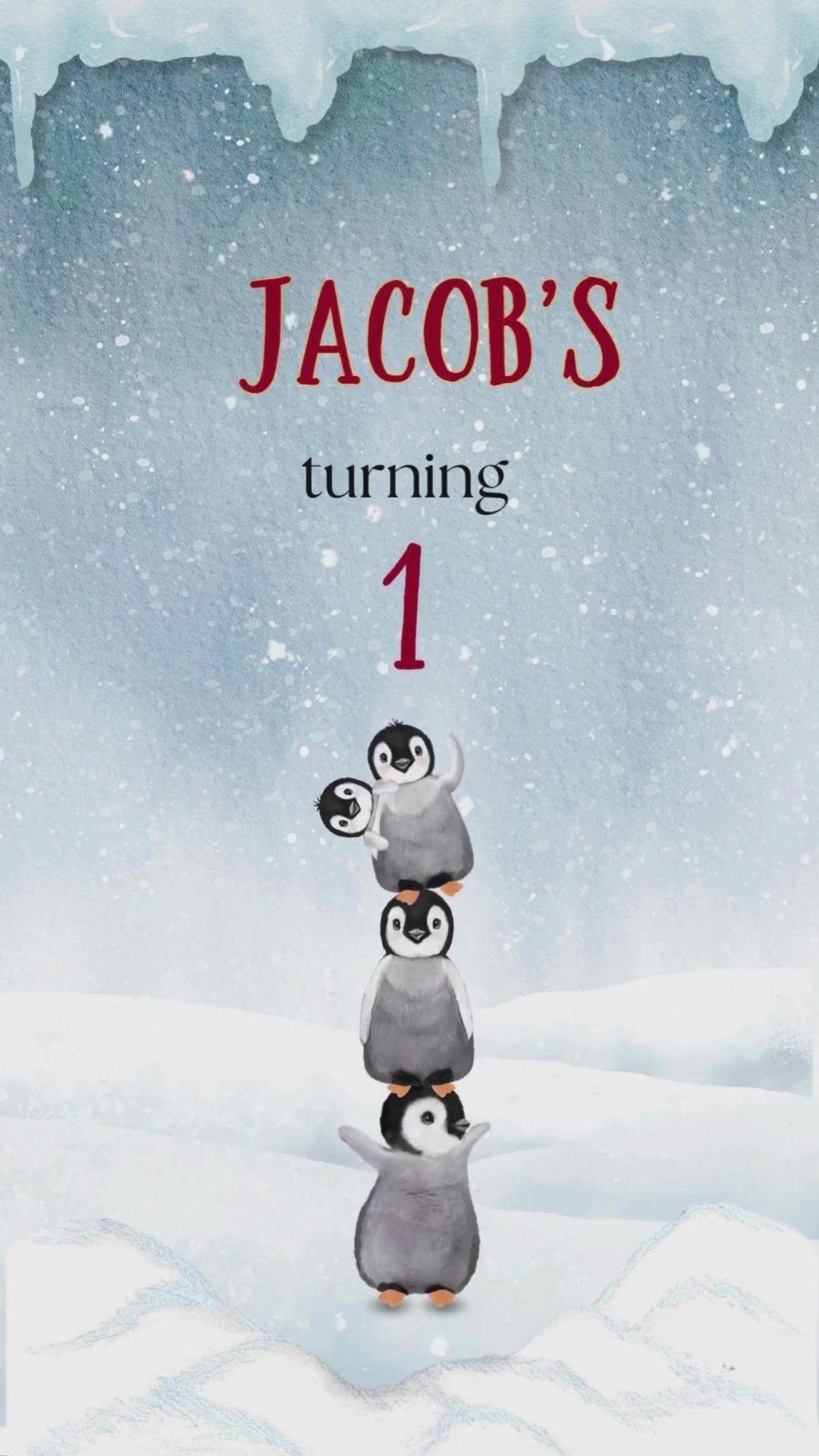 Animated penguin birthday video invitation template featuring a cute waddling penguin, falling snowflakes, and playful winter typography.