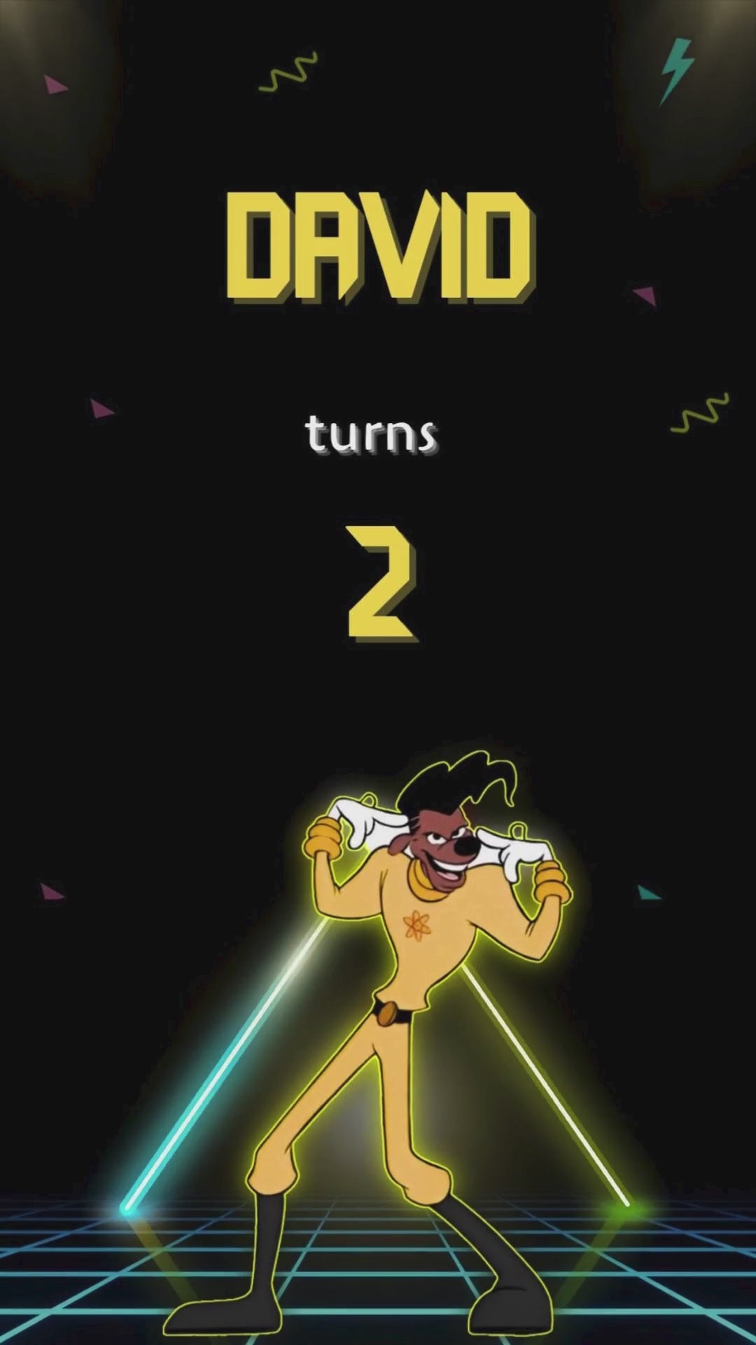 Goofy birthday video invitation with animated cartoon character and colorful party theme