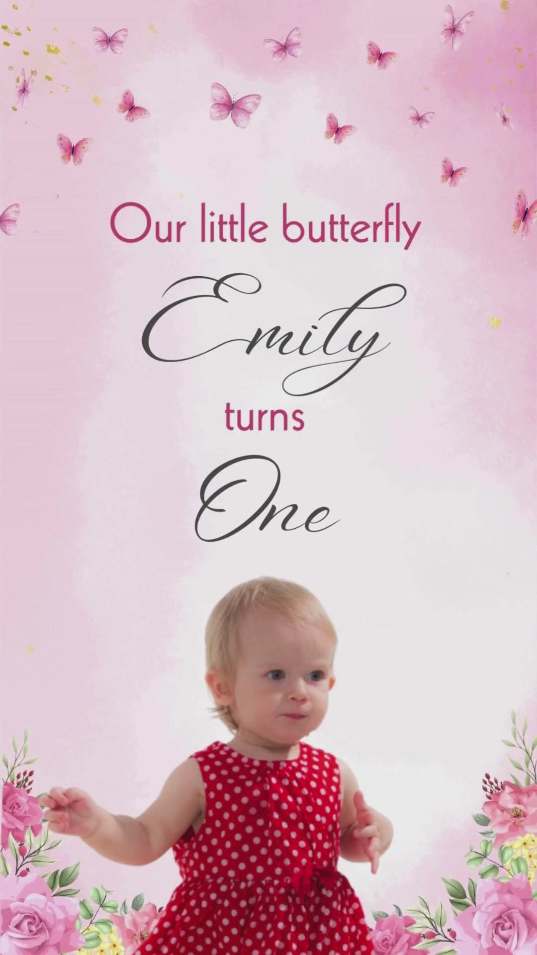 Pastel pink and gold animated butterfly video invitation playing on a smartphone screen with whimsical background music
