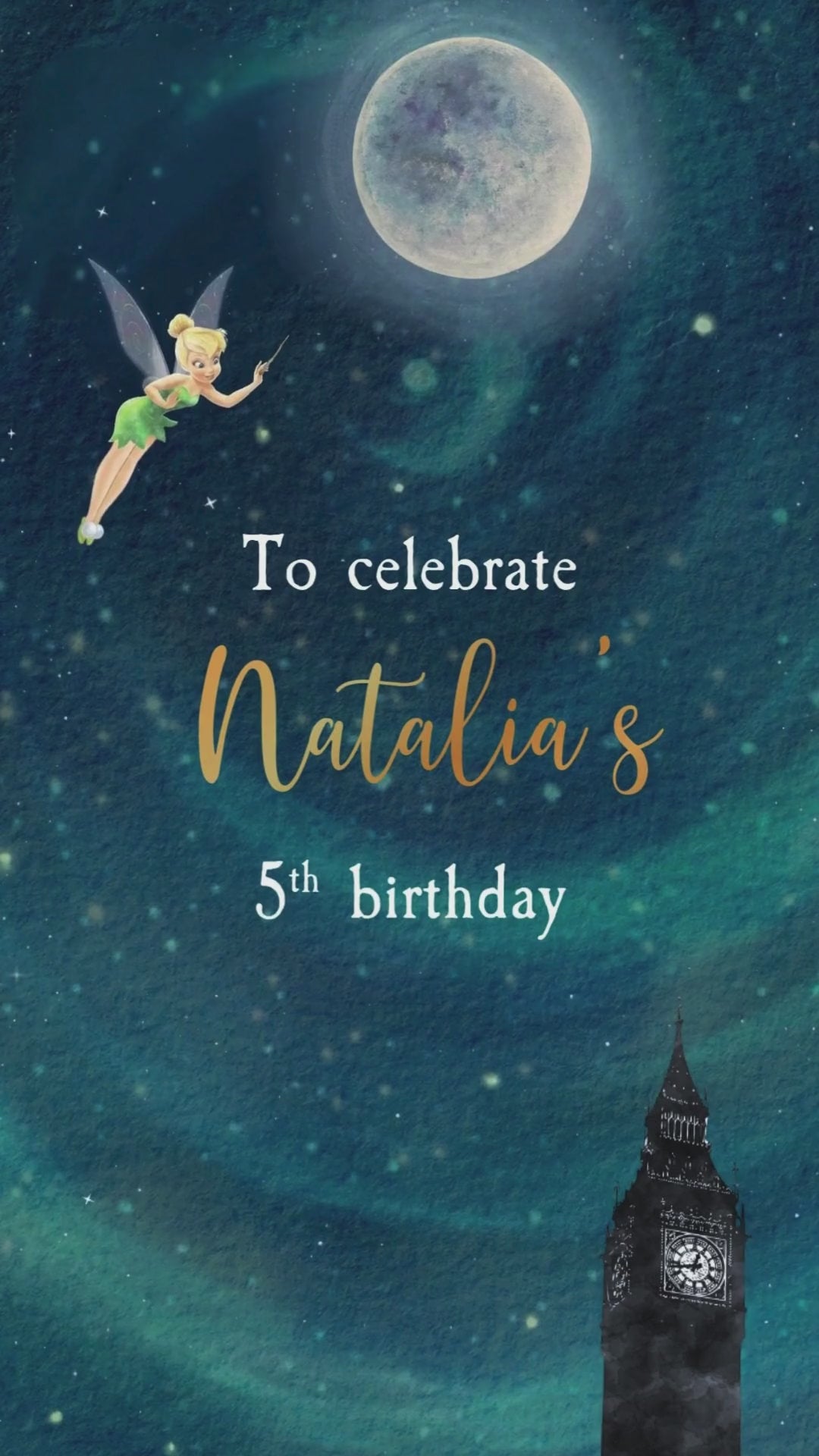 Tinkerbell birthday video invitation with pixie dust and fairy wings animation